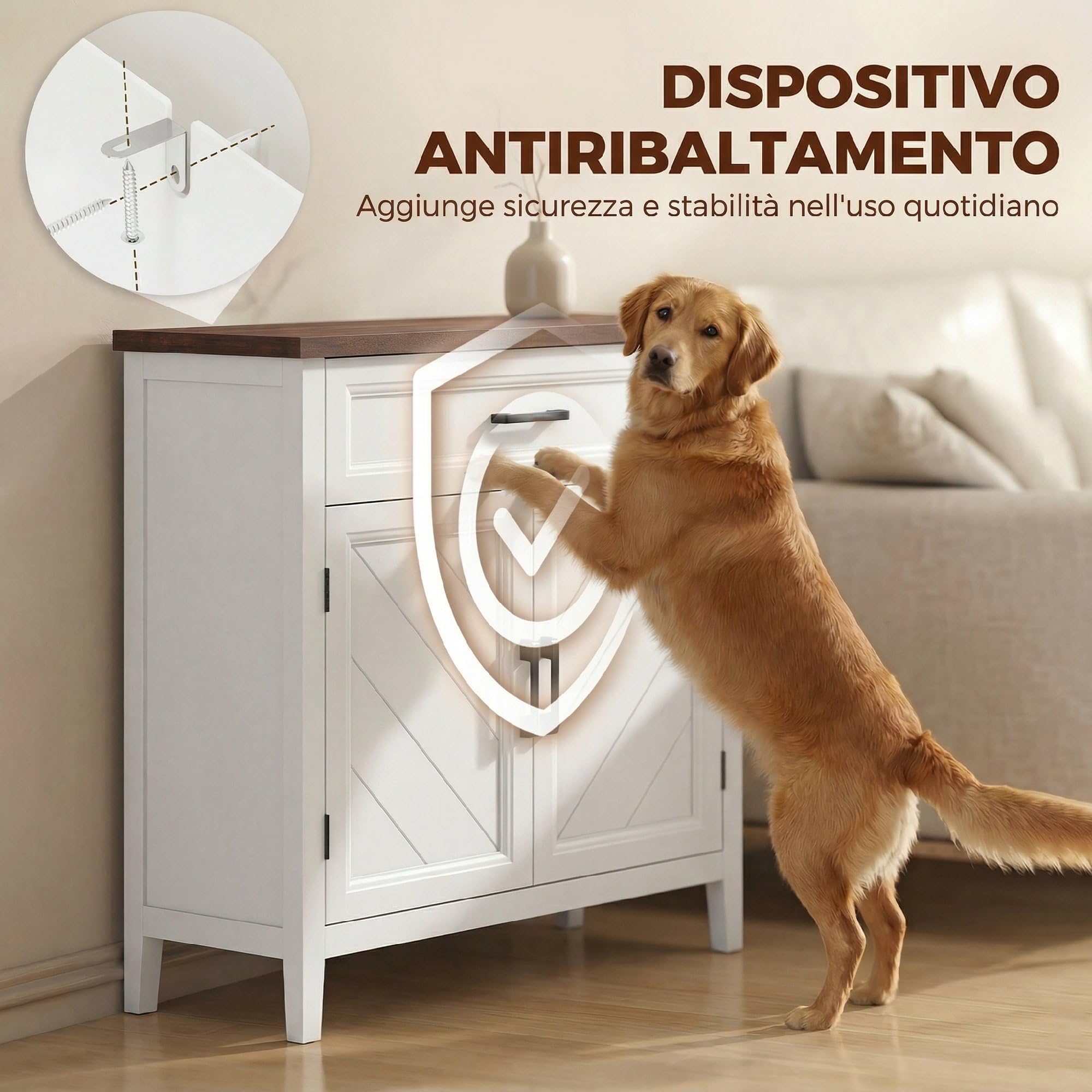 HOMCOM Credenza Cucina, Mobile Cucina con 2 Ante, Ripiano Regolabile e Cassetto, Piano Effetto Legno, Stile Rustico, Credenza Buffet per Soggiorno, Salotto, Sala da Pranzo, 76x35x80 cm, Bianco