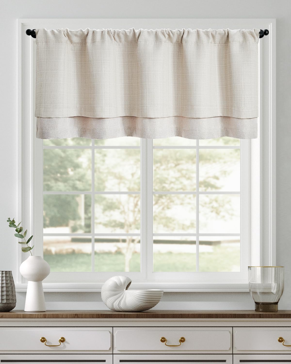 jinchan Valance Curtain Beige Hearthered Farmhouse Light Filtering Double Layer Window Treatment for Living Room Dining Bedroom Kitchen Rod Pocket 18 Inch 50"W x 18"L (Pack of 1) Heathered Beige