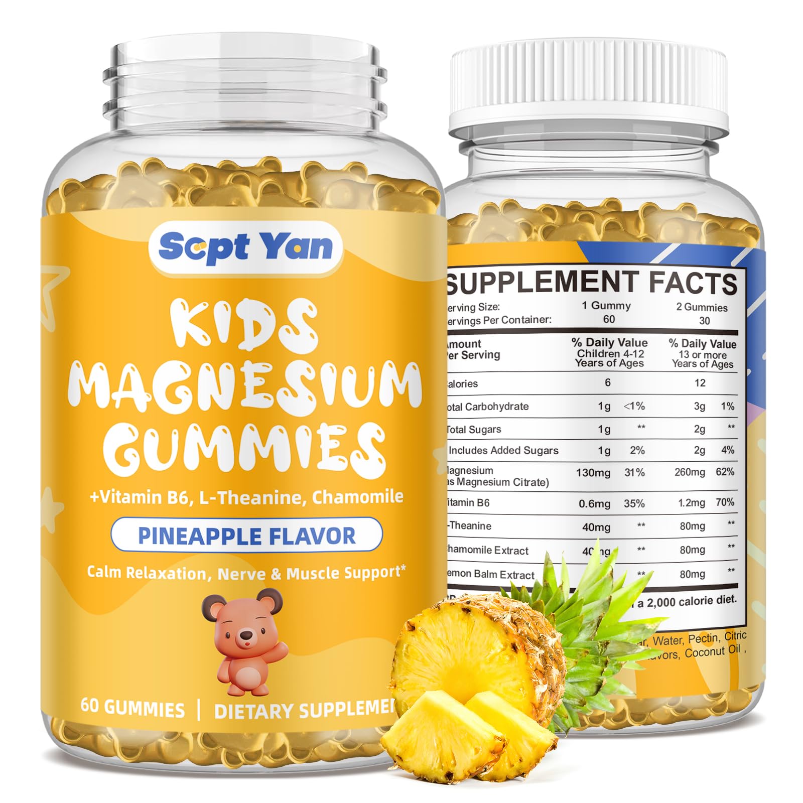 SEPT YAN Magnesium Citrate Gummies for Kids & Adults - Calm Magnesium Supplement with Vitamin B6, Chamomile & Lemon Balm for Sleep, Bones, Pineapple Flavor 60 Gummies