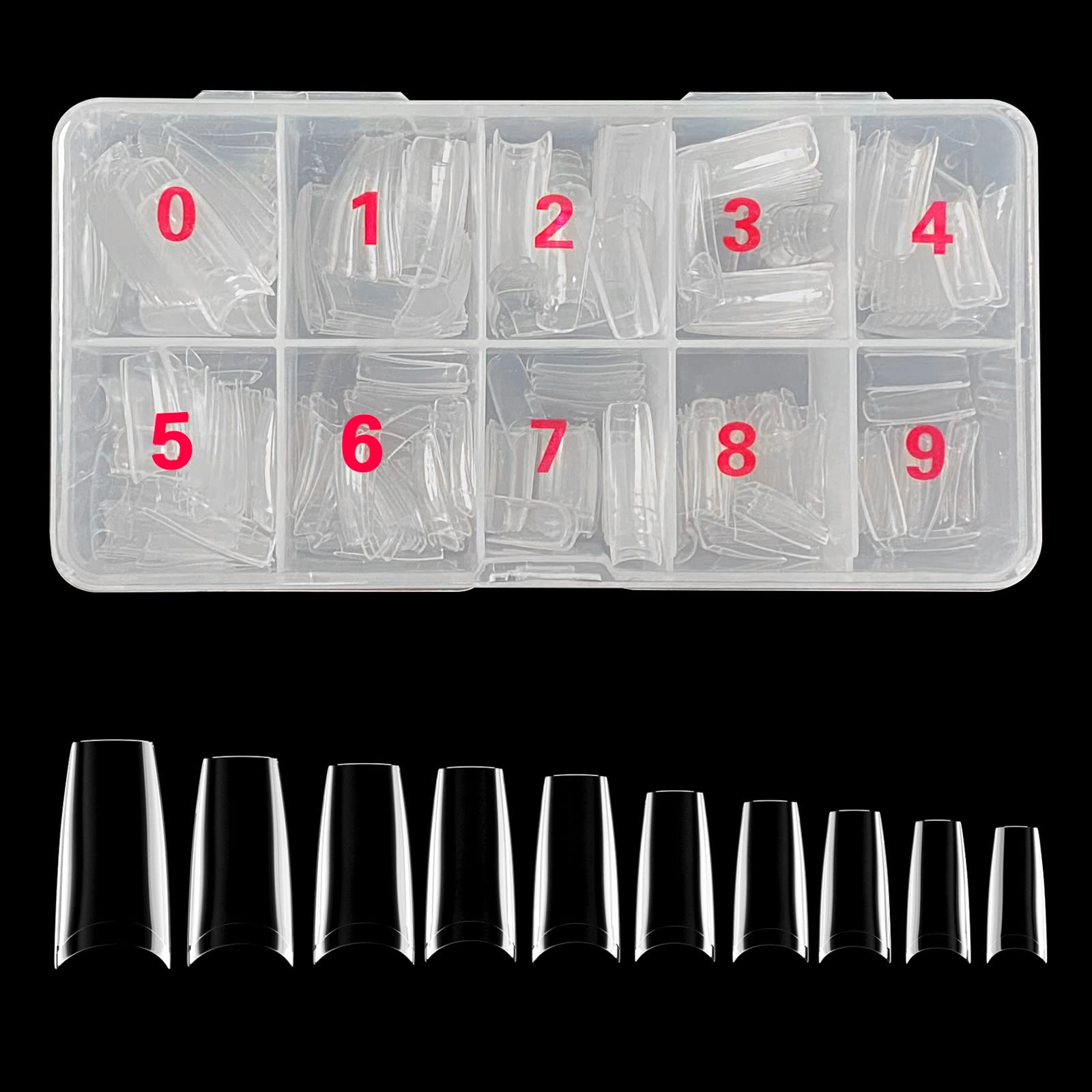 Newaner 500 piezas puntas uñas, Punta de uñas falsas acrílico, 10 tamaños con estuche transparente, adecuado para salones de uñas, manicuras DIY, bailarinas y más(Transparente)