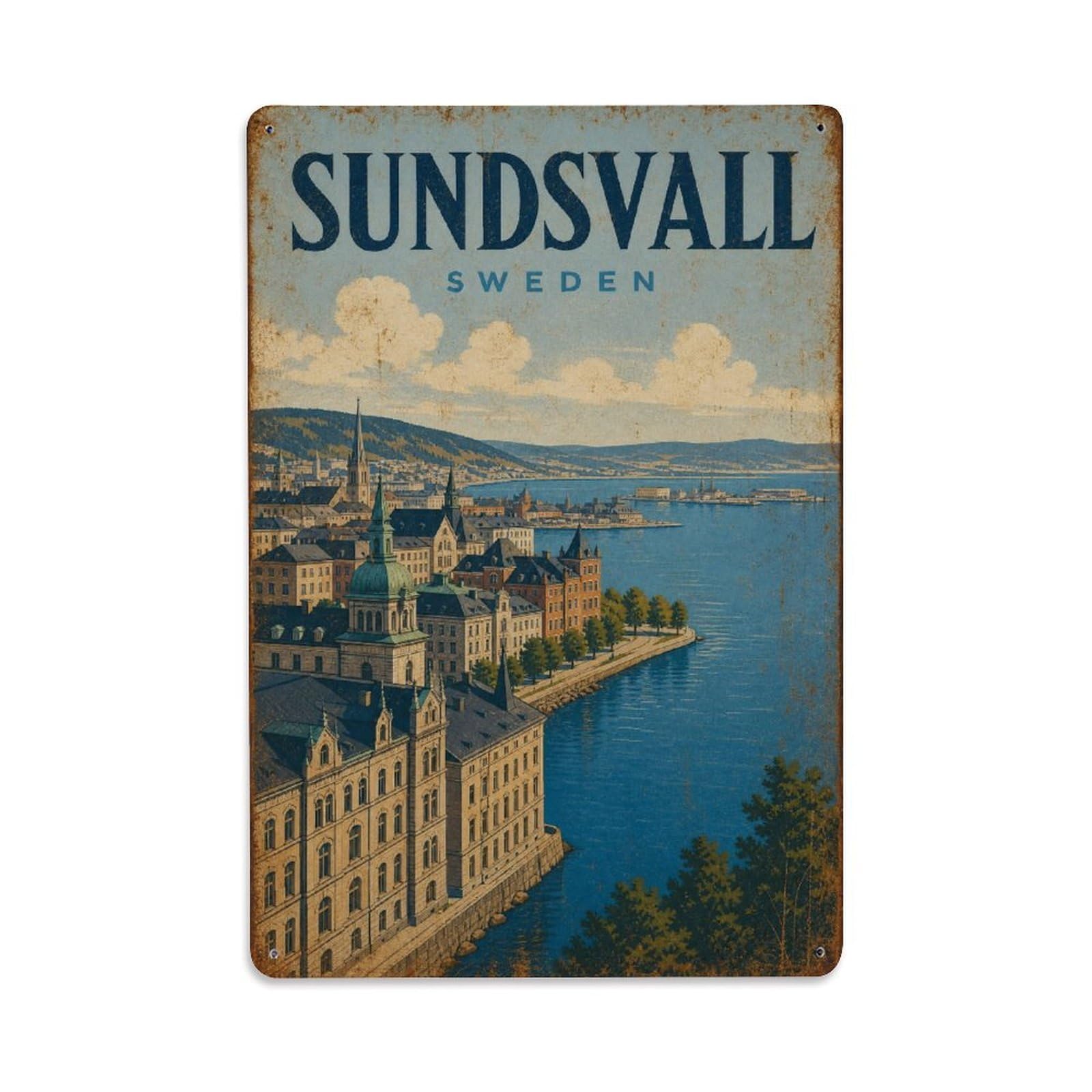 Metal Tin Sign Retro Travel Sweden Sundsvall