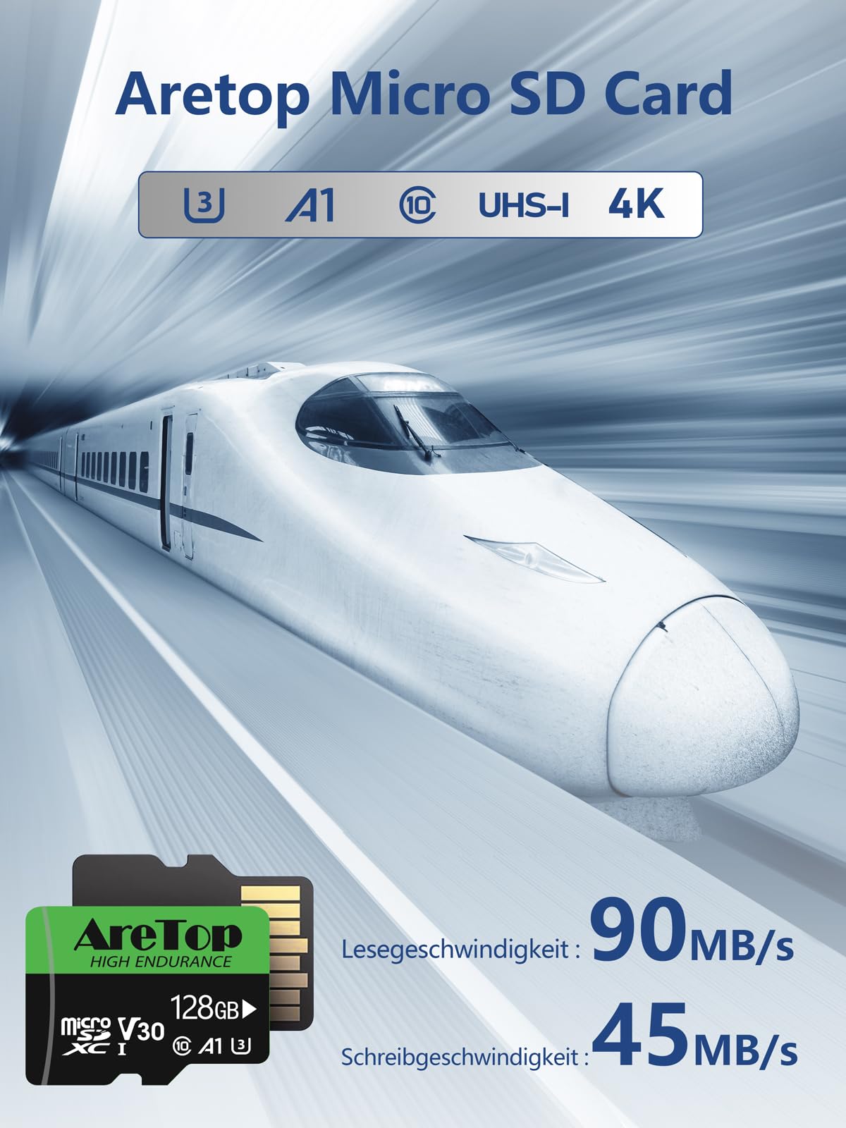 Aretop Scheda Micro SD da 128 GB, 2 pezzi, con 2 adattatori MicroSDXC, UHS-I U3 V30 A1, registrazione video Full HD Micro SD Memory Card per fotocamera/smartphone/drone/Dash Cam