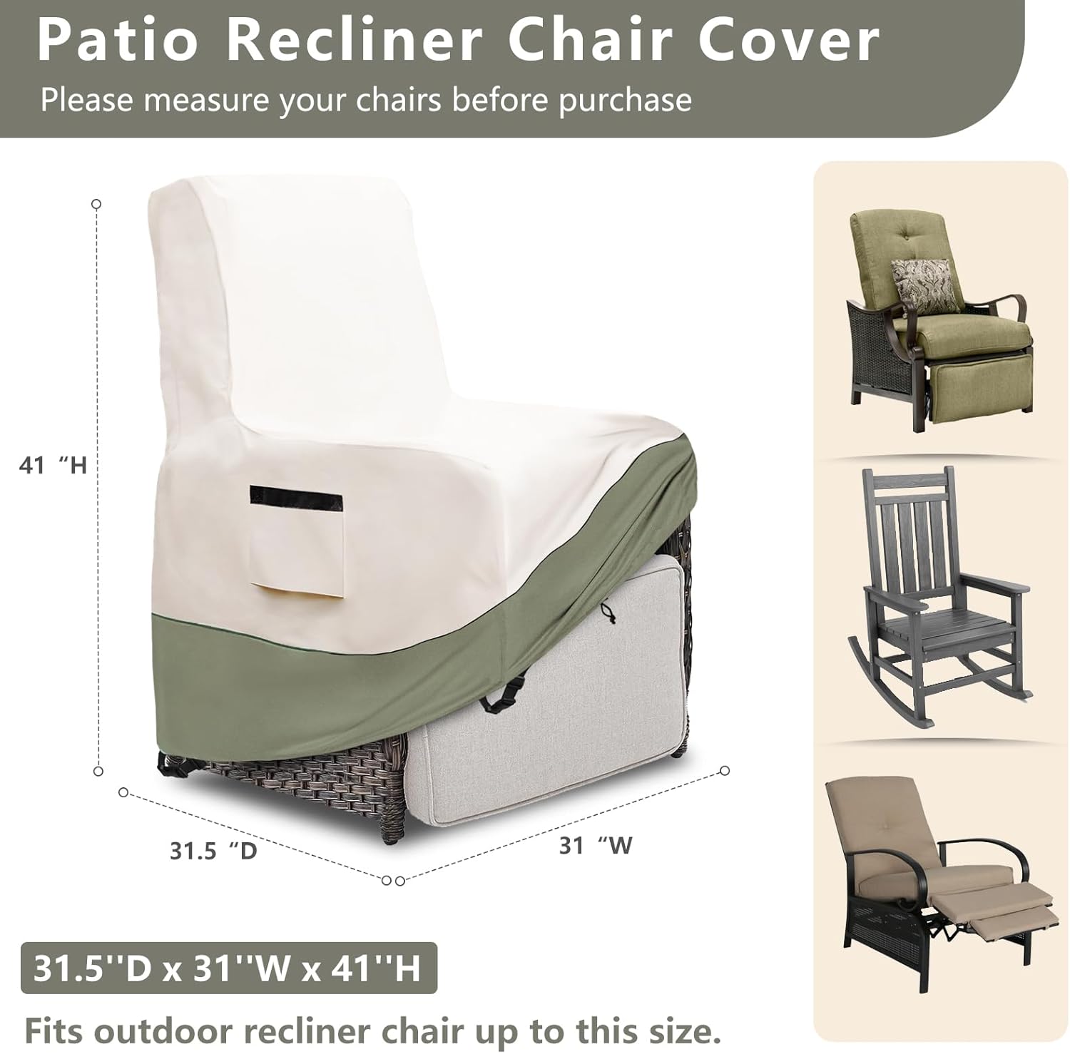 Outdoor Recliner Chair Covers 2 Pack,Patio Swivel Chair Covers,600D Heavy Duty Waterproof Patio Rocking Chairs Cover,Outdoor Furniture Covers for All Weather Protection.White&Grayish Green