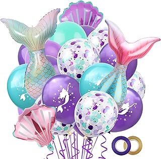 Mermaid Tail Balloon,Mermaid Theme, Under The Sea Party Decoration Birthday Supplies, Mermaid Tail Sea Shell Foil Balloons,Mermaid Design Latex Balloons for Let's Be Mermaids Party