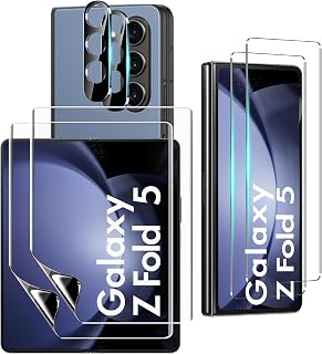 [2Set 6PCS Galaxy Z Fold 5 Screen Protector, 2 Inner TPU Films + 2 Outer Tempered Glass + 2 Camera Lens Protecters, High Clarity, Anti-Shatter, for Samsung Galaxy Z Fold 5 5G