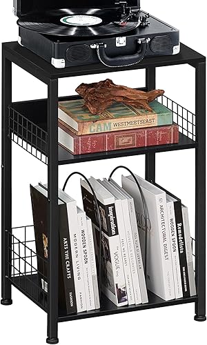 Mesa auxiliar negra, soporte alto para tocadiscos con estante de almacenamiento de vinilo, mesa auxiliar de sofá para espacios pequeños, mesas de disponible en Yaxa Venezuela