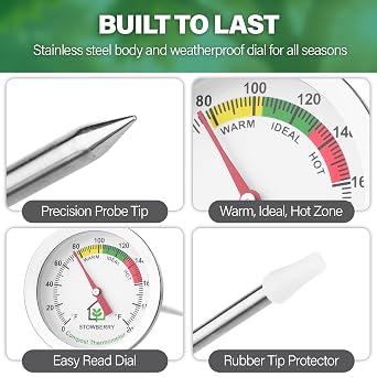 Compost Thermometer 20 Inch Stainless Steel with 2 Inch Dial