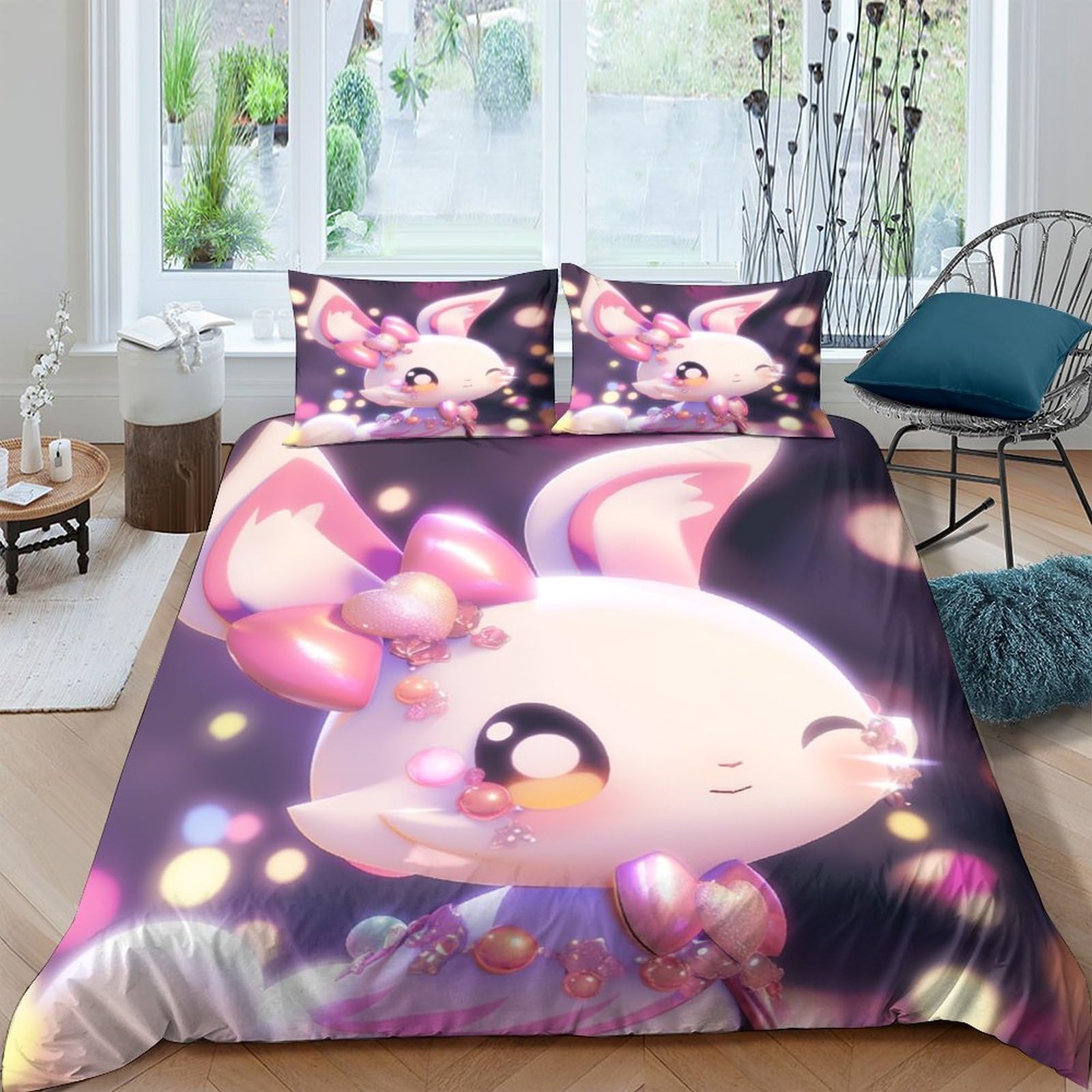 Housse de couette lapin rose IOFEER anti-plis lit double enfant
