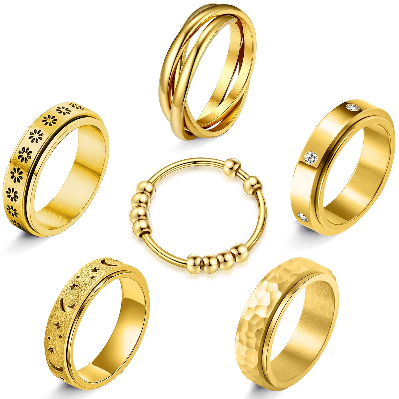 MUCAL Fidget Rings for Anxiety 8pcs Stainless Steel Spinner Ring Anti Anxiety Ring Spinning Moon Star Cool Stress Relieveing Rings for Women Men