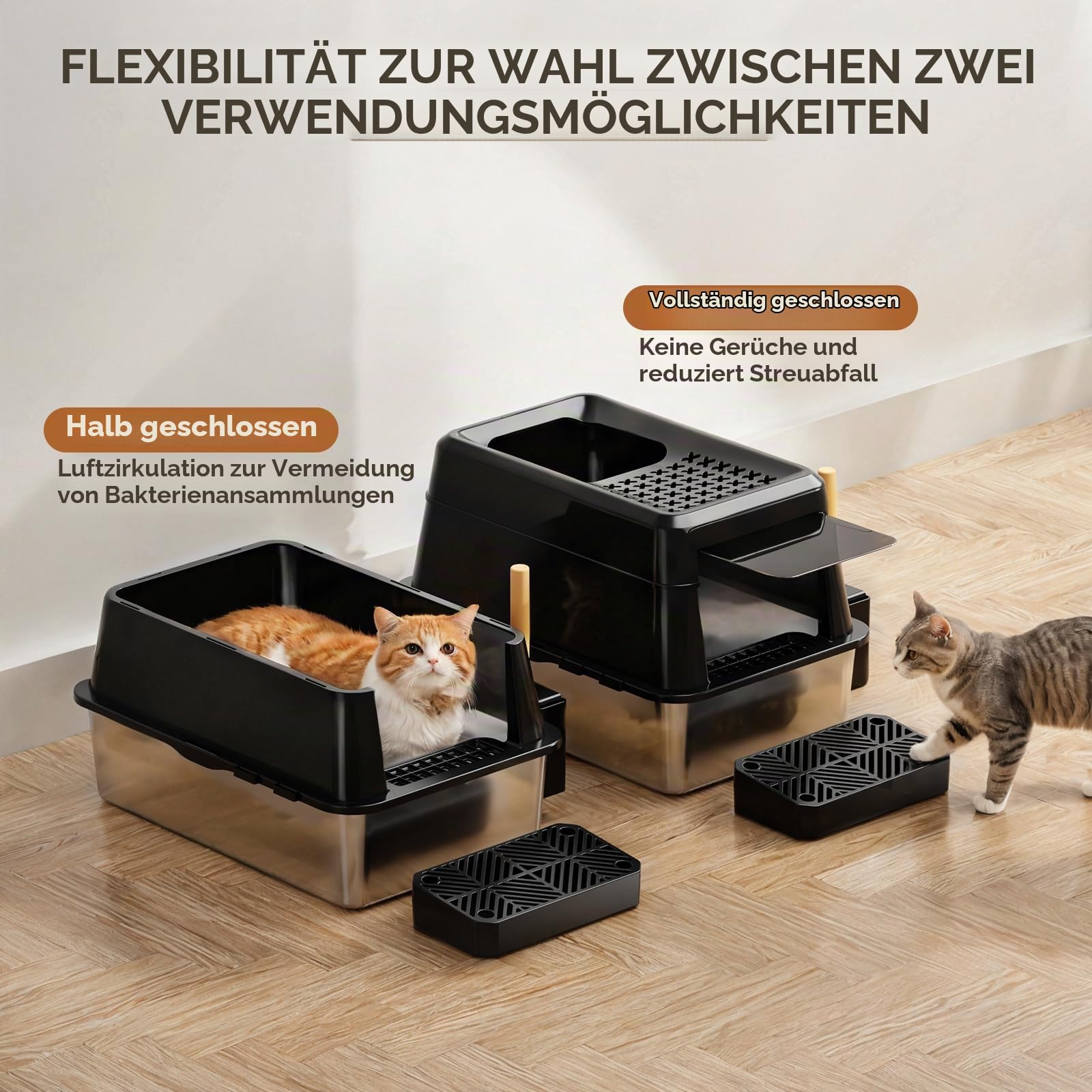 FRETONBA Katzenklo Edelstahl XXL, Katzentoilette 26L Groß Kapazität, Katzentoiletten Hochwandig, Auslaufsicher und Leicht zu Reinigen, Cat Litter Box mit Deckel, Pedal, Schaufel, Schwarz