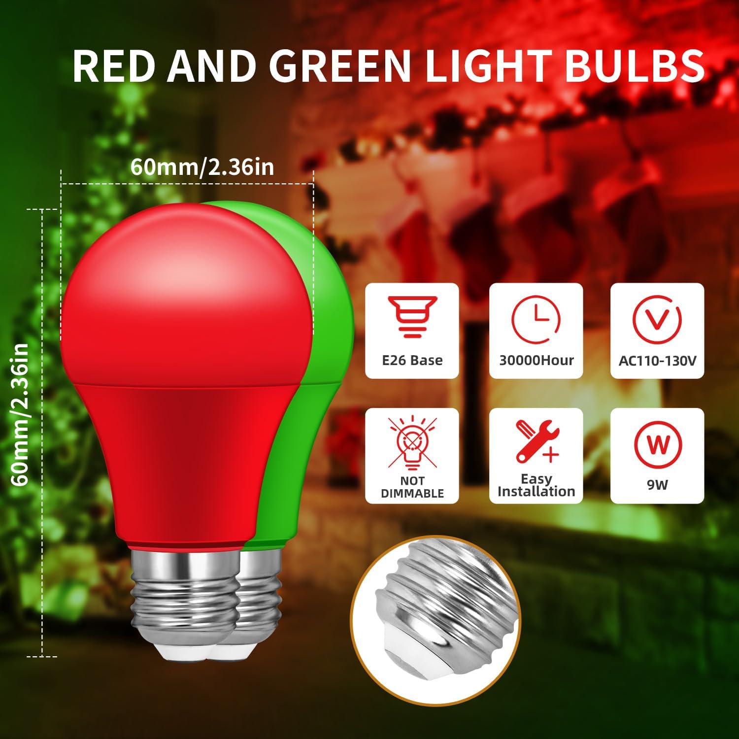 Red and Green Light Bulbs, 4 Pack, Christmas Light Bulbs, A19 LED Red Light Bulb, Green Light Bulb, 60W Equivalent 9W E26 Porch Outdoor for Christmas, Party, Home Lighting