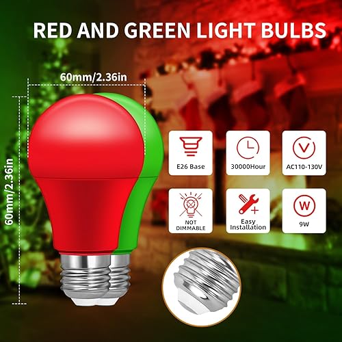 Miniatura 4 de Bombillas de luz de Navidad, bombillas LED A19 rojas, bombillas verdes, bombillas rojas y verdes, equivalente a 60 W 9 W, base E26, bombilla de