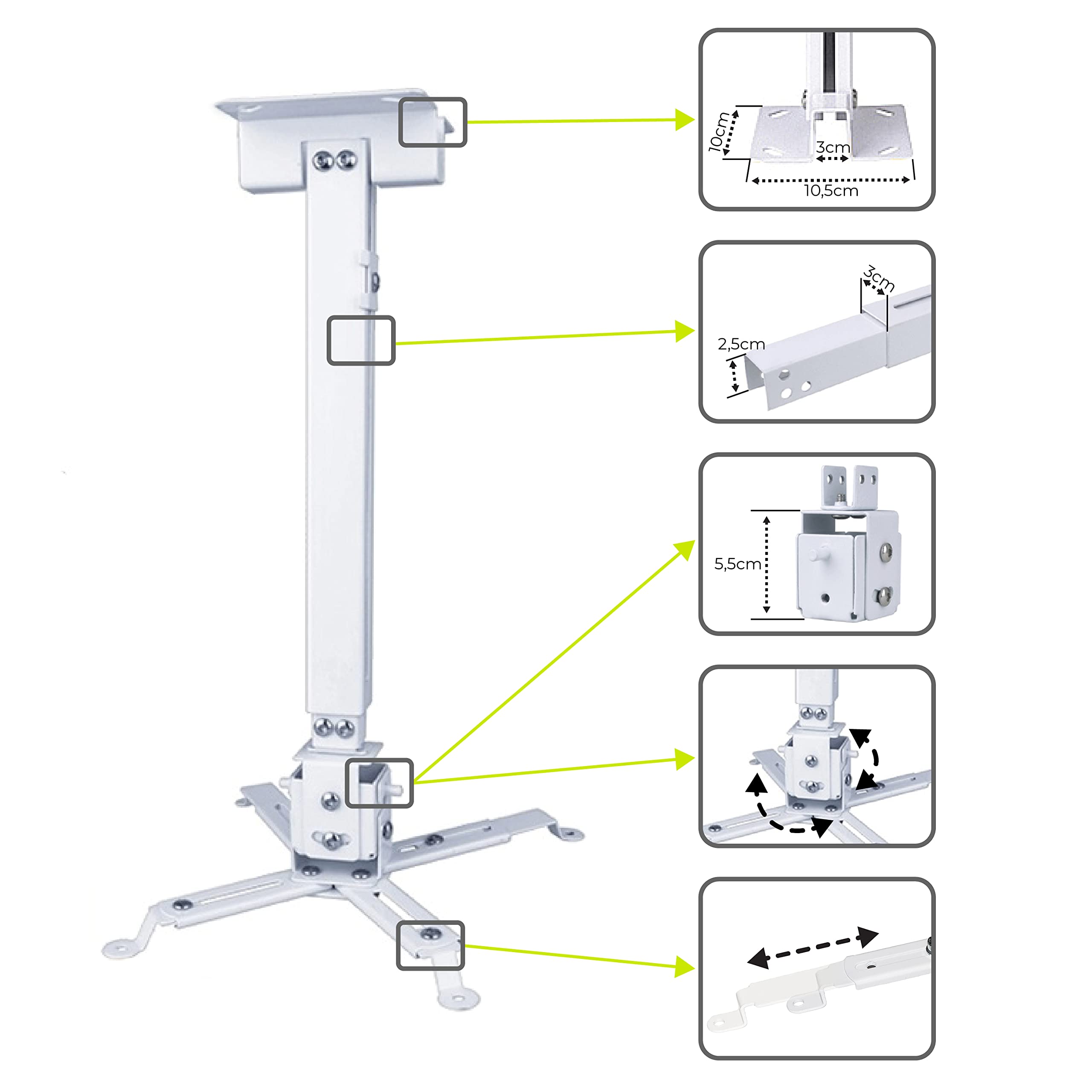 GAINUP Supporto da Soffitto per Videoproiettore "Slim" | Staffa Proiezione Telescopica Universale Regolabile da 42 a 65cm per Proiettore | Accessori Videoproiezione