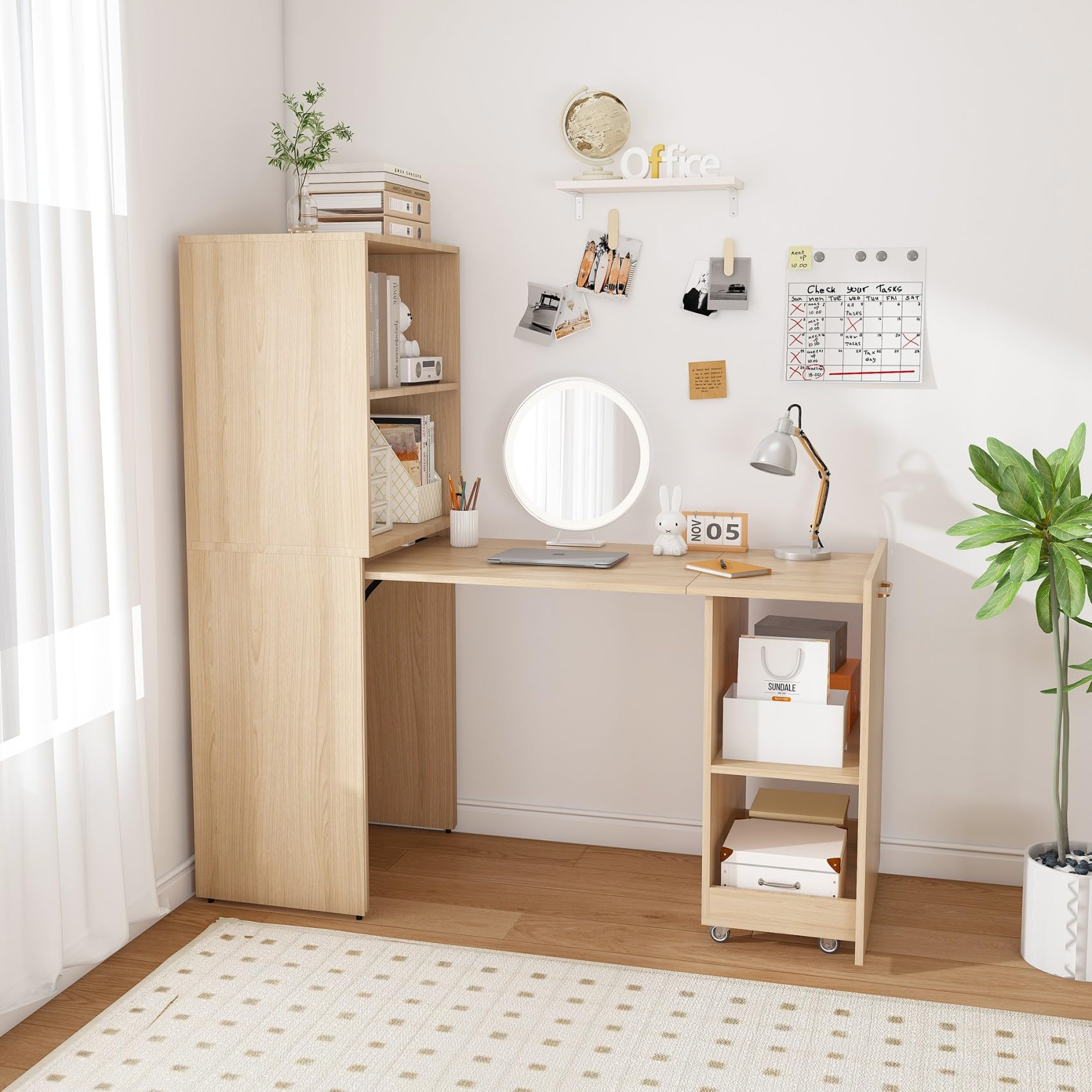 KEIKI Home Office Stretchable Desks with Storage Shelves and Mobile Wheels, Modern Wood Foldable Desk Gaming Computer Corner Table for Apartments Work