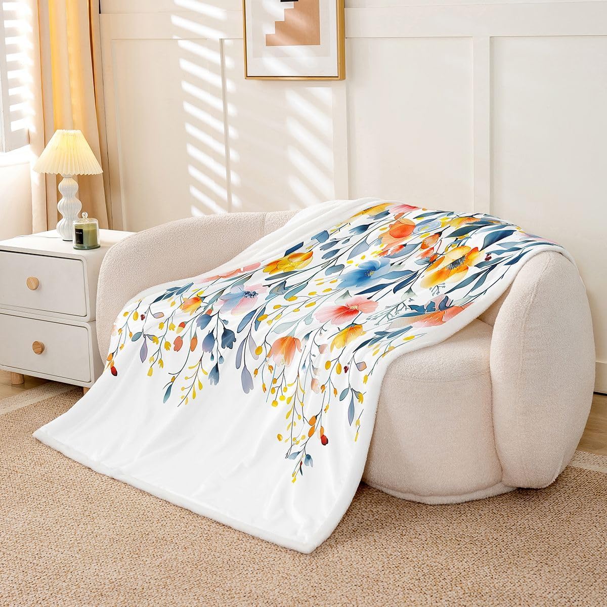 Erosebridal Women Watercolor Flower Sherpa Throw Size, Olive Green Beige Floral Throw Blanket, Modern Minimalist White Fleece Blanket Branches Pastoral Fuzzy Decorative Sofa Couch
