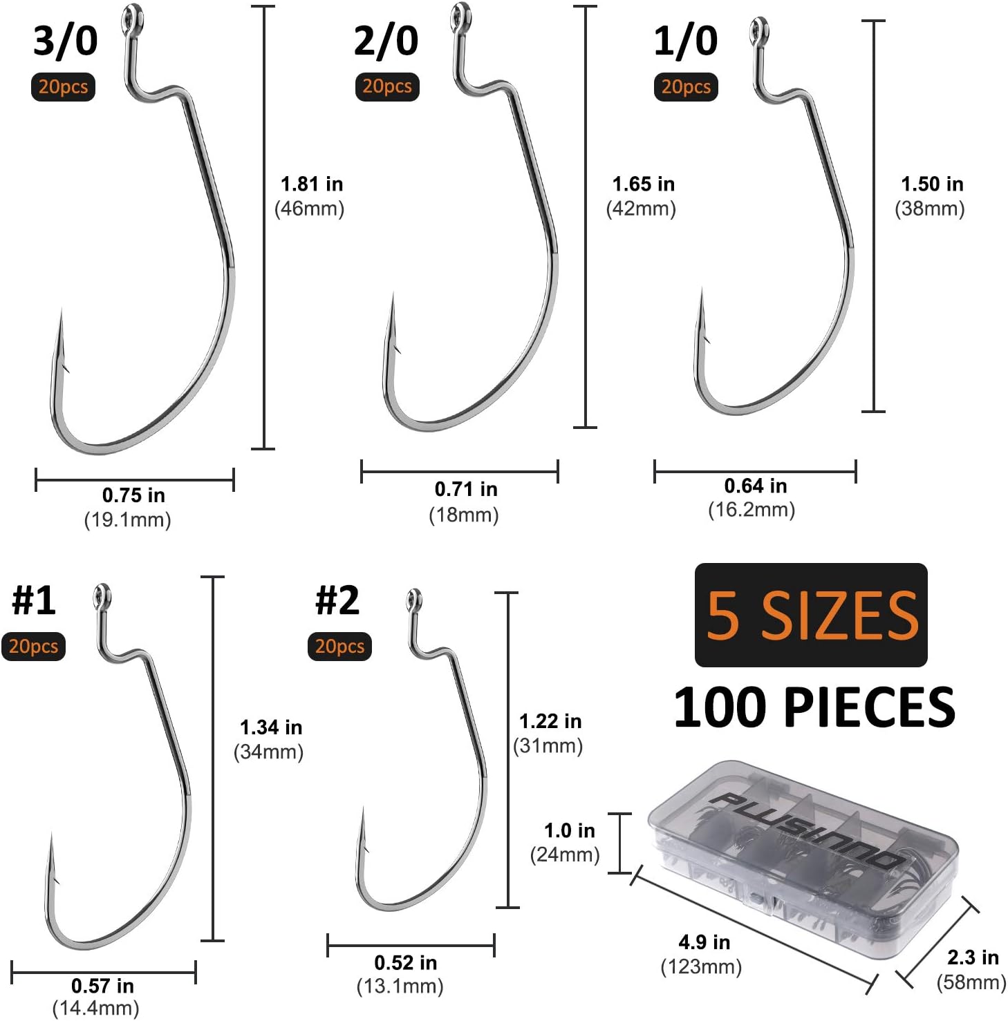 PLUSINNO 100Pcs Fishing Hooks, High Carbon Steel Offset Worm Hooks with Plastic Box, Strong Sharp Soft Bait Jig Fish Hooks with Barbs for Bass Freshwater Saltwater : Sports & Outdoors