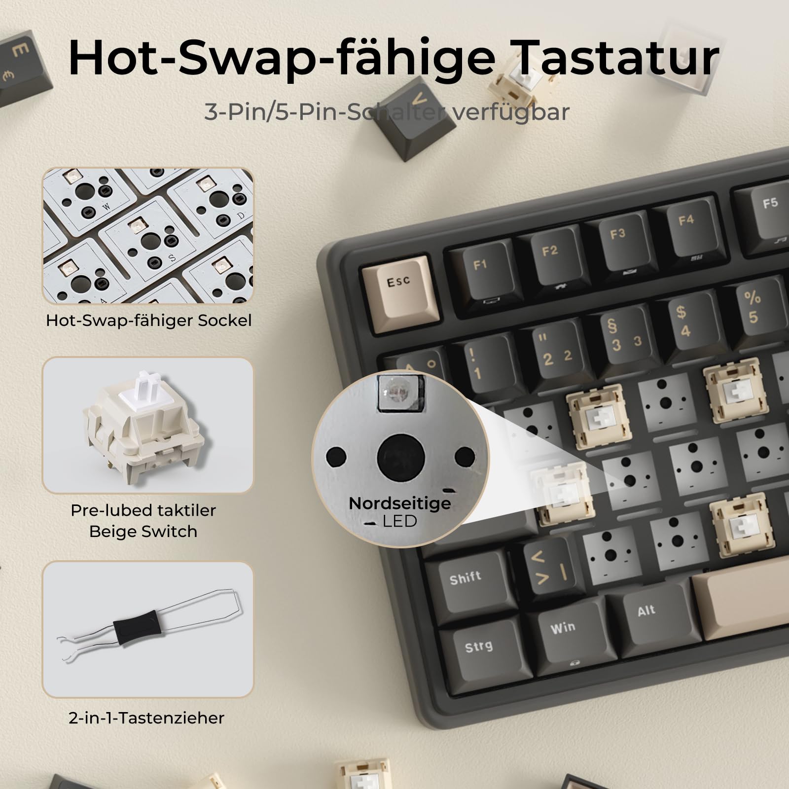 RK ROYAL KLUDGE R98 Pro Mechanische Tastatur Kabel, 96% Gasket Gaming Tastatur QWERTZ RGB mit Nummernblock und Knopf, PBT-Tastenkappen, Hot Swap Linearer Creamy Switches