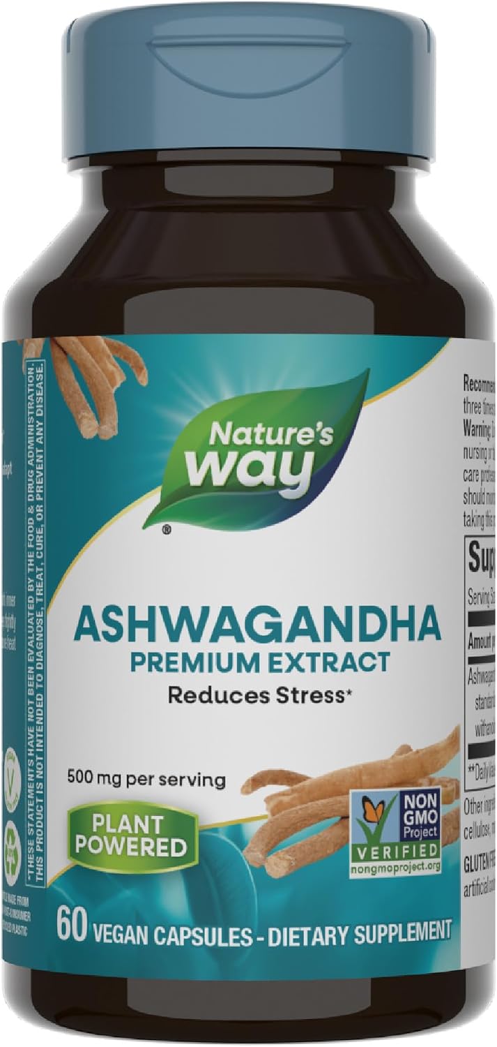 Nature&amp;#39;s Way Ashwagandha, Reduces Stress, Premium Extract, Adaptogenic, Non-GMO Project Verified, Vegan, 60 Capsules Packaging May Vary