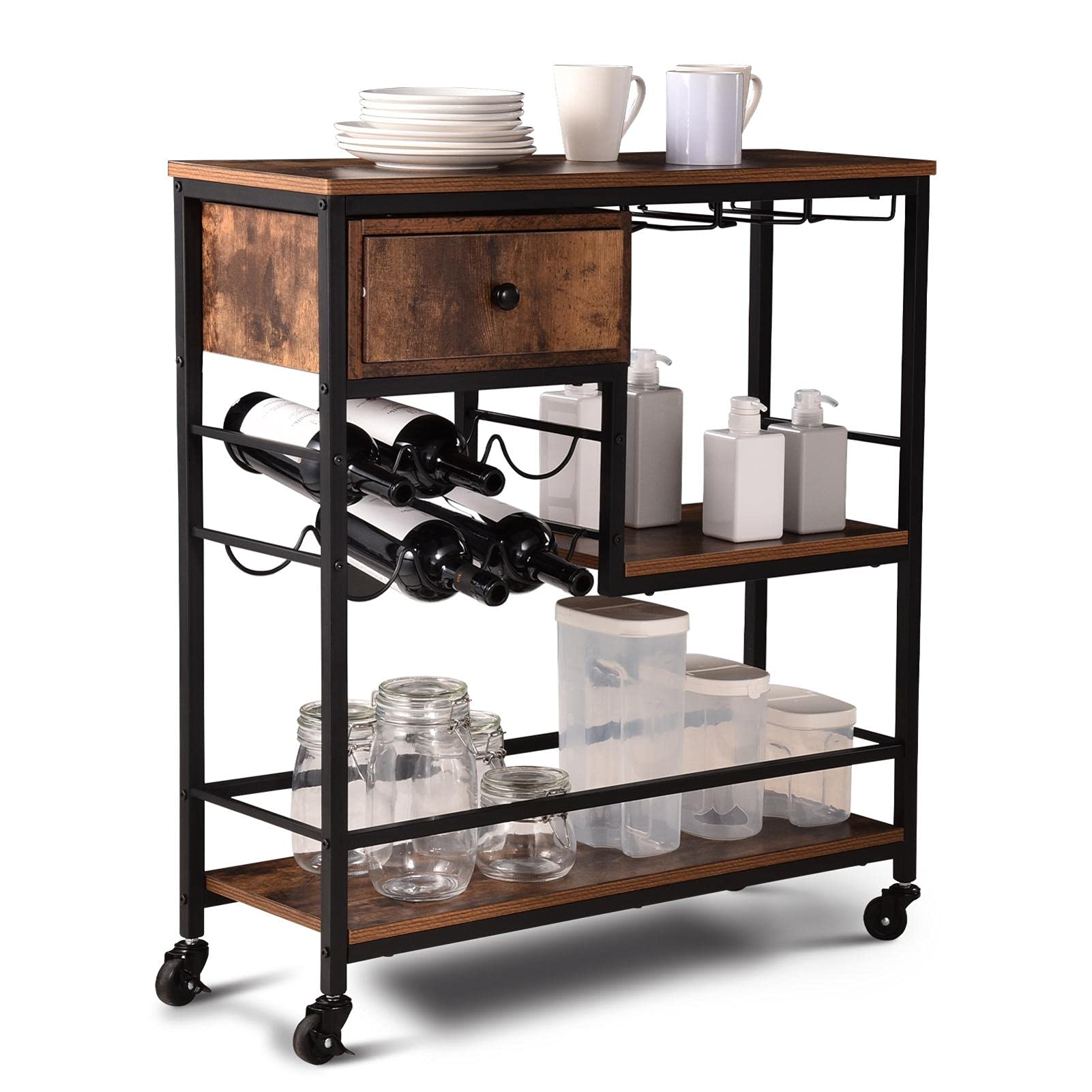 Kitchen Serving Trolley,3 Tiers Drinks Trolley with Wine Rack,Glass Holder,Home Bar Cart Serving Cart with Storage Shelf,Drawer,Industrial Wood Metal Storage Trolley Cart with Lockable Wheels