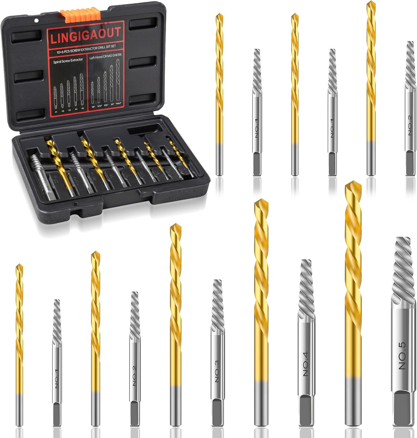 Juego de 16 extractores de tornillos con brocas para zurdos, kit de removedor de pernos fácil de sacar para tornillos oxidados dañados y pernos