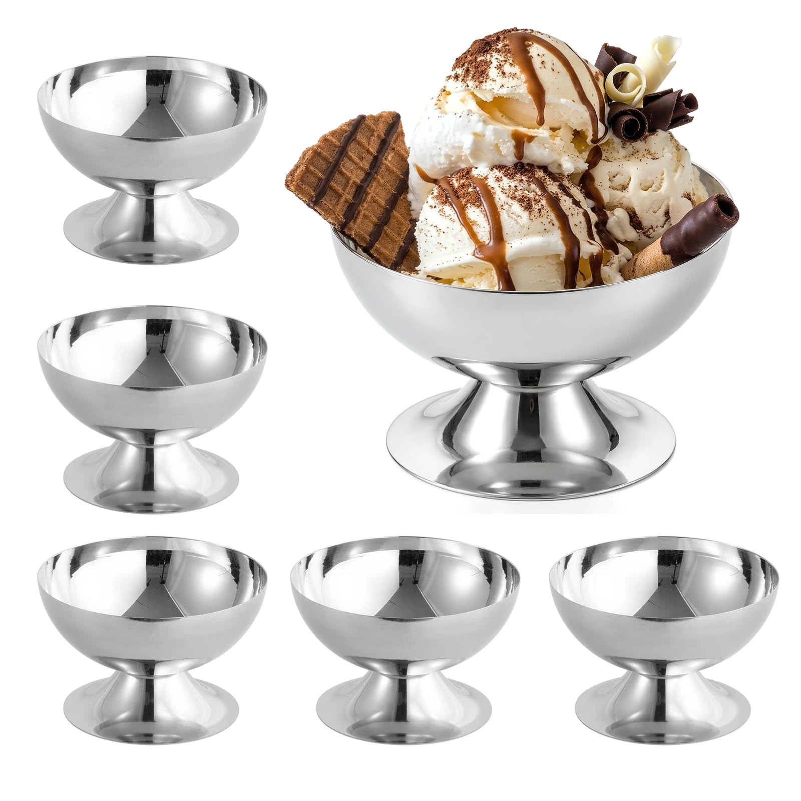 GOMETY 6 bicchieri per gelato in acciaio inox, 240 ml, diametro 10 cm, in acciaio inox, per dessert con piede, per gelato, frutta, yogurt, insalata, budino, matrimoni, feste