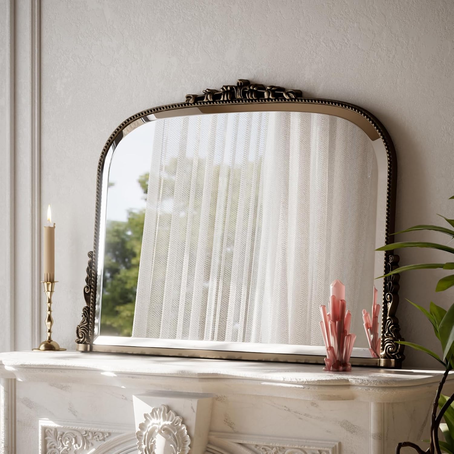 Wall Beaded Mirror, 36 x 27 Inch Round Top Right Angle Wall Mirror, Tempered Glass, Rust Resistant, Horizontally or Vertically Hanging, Bronze