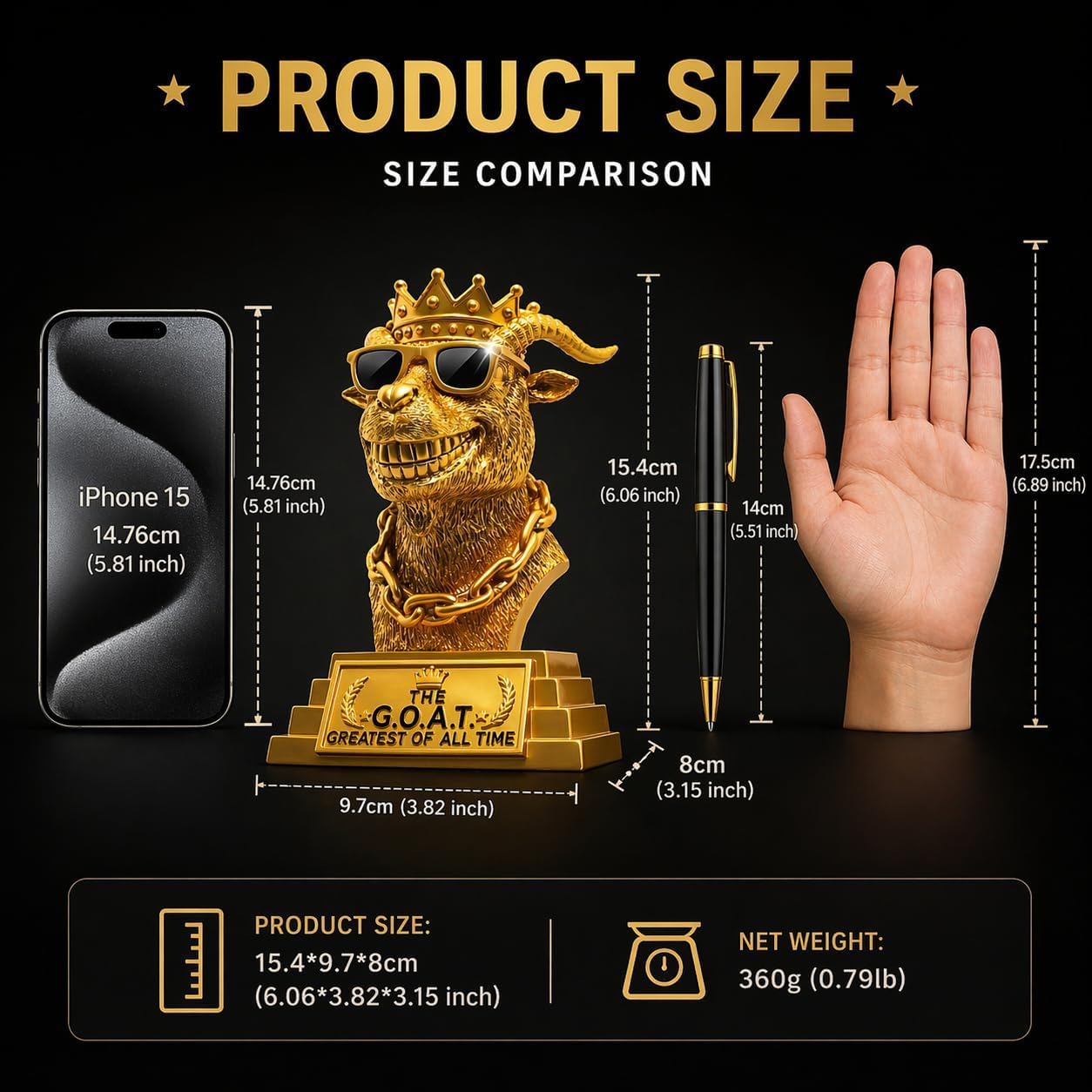 The GOAT Trophy Winner Award - Handmade 6" Gold Greatest of All Time Trophies for Fantasy Football Champion Soccer MVP, Funny Office Recognition,Boss & Coworker Gag Gifts - Resin Man Cave & Desk Decor