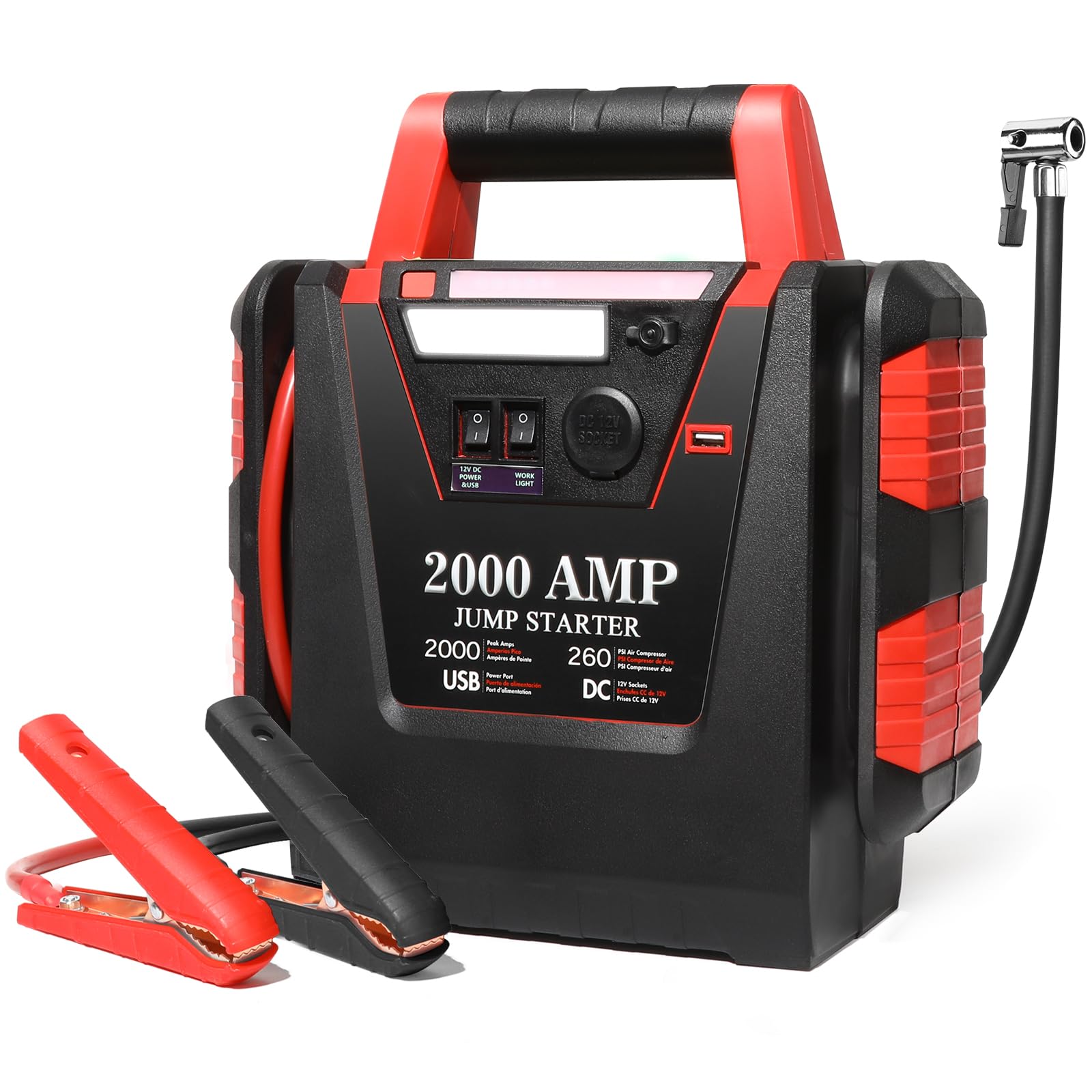 Jump Starter with Air Compressor 2000A Car Battery Jumper Starter 260 PSI Tire Inflator 6 in 1 Auto