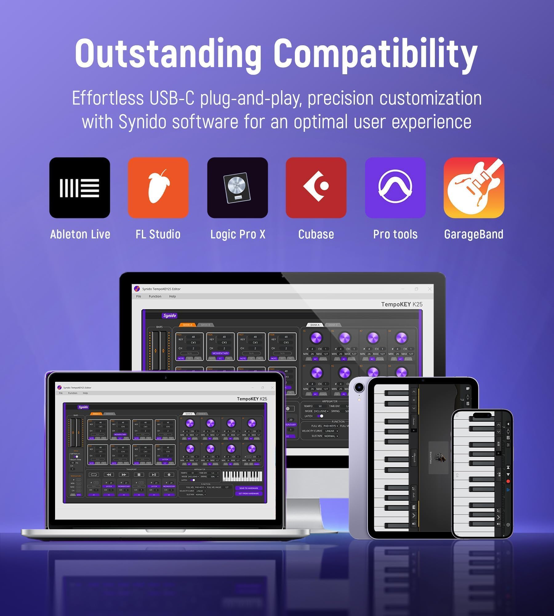 Synido TempoKEY K25 - Tastiera MIDI USB C con 25 tasti con 8 drum pad retroilluminati, schermo OLED, mini tastiera MIDI portatile per produzione musicale, colore: viola