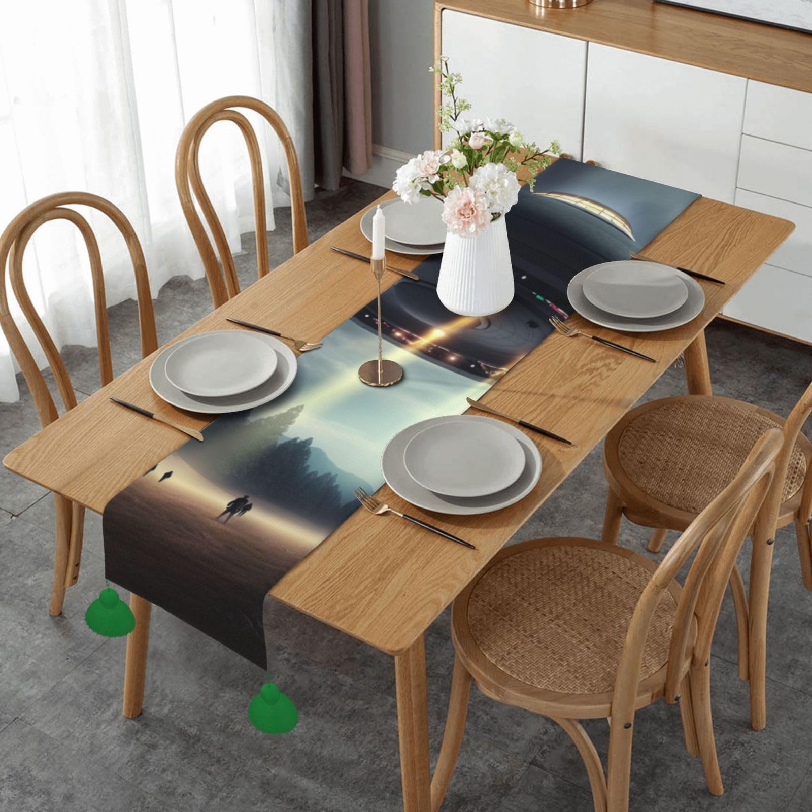 Chemin de table en lin tissé imprimé OVNI pour décoration d'automne 35x152 cm