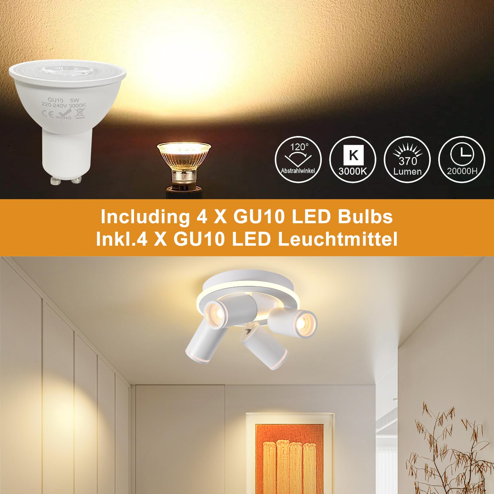 MYCUL Spot de Plafond Rond à LED 4 Flammes 22W+4x5W GU10 spots,3000K,Blanc