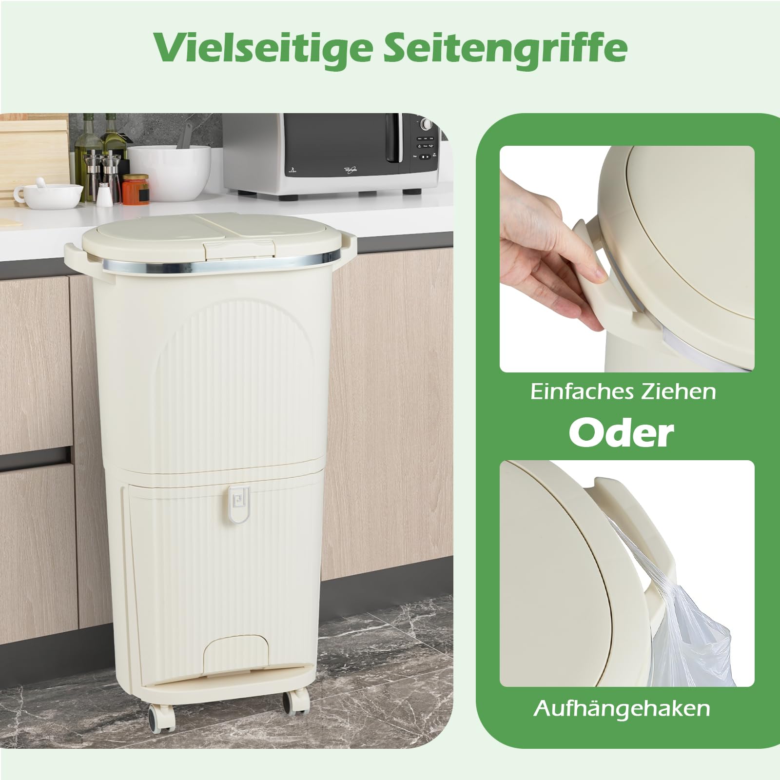 COSTWAY Mülleimer Küche, Mülltrennsystem 3 Fächer, 2 x 12L Inneneimer & 14L Treteimer, Abfalleimer mit Rollen, Doppeldeckel, Pedal & Haken, Tretmülleimer Abfallsammler für Küche, Bad, Büro (Beige)