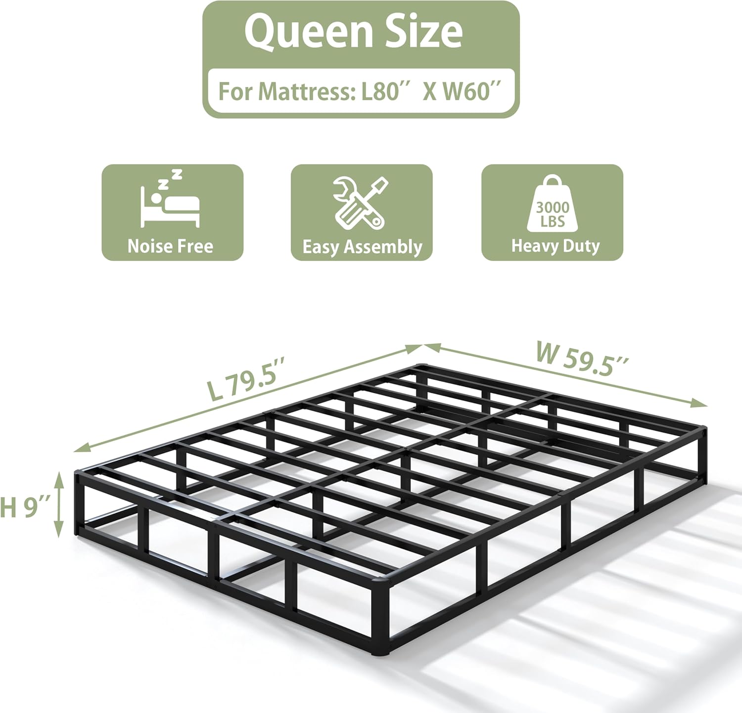 9 Inch Heavy Duty Metal Box Spring Queen Size, Low Profile Queen Mattress Foundation Bed Base, 3000 lbs Weight Capacity, Easy Assembly, Easy Clean Fabric Cover, Black