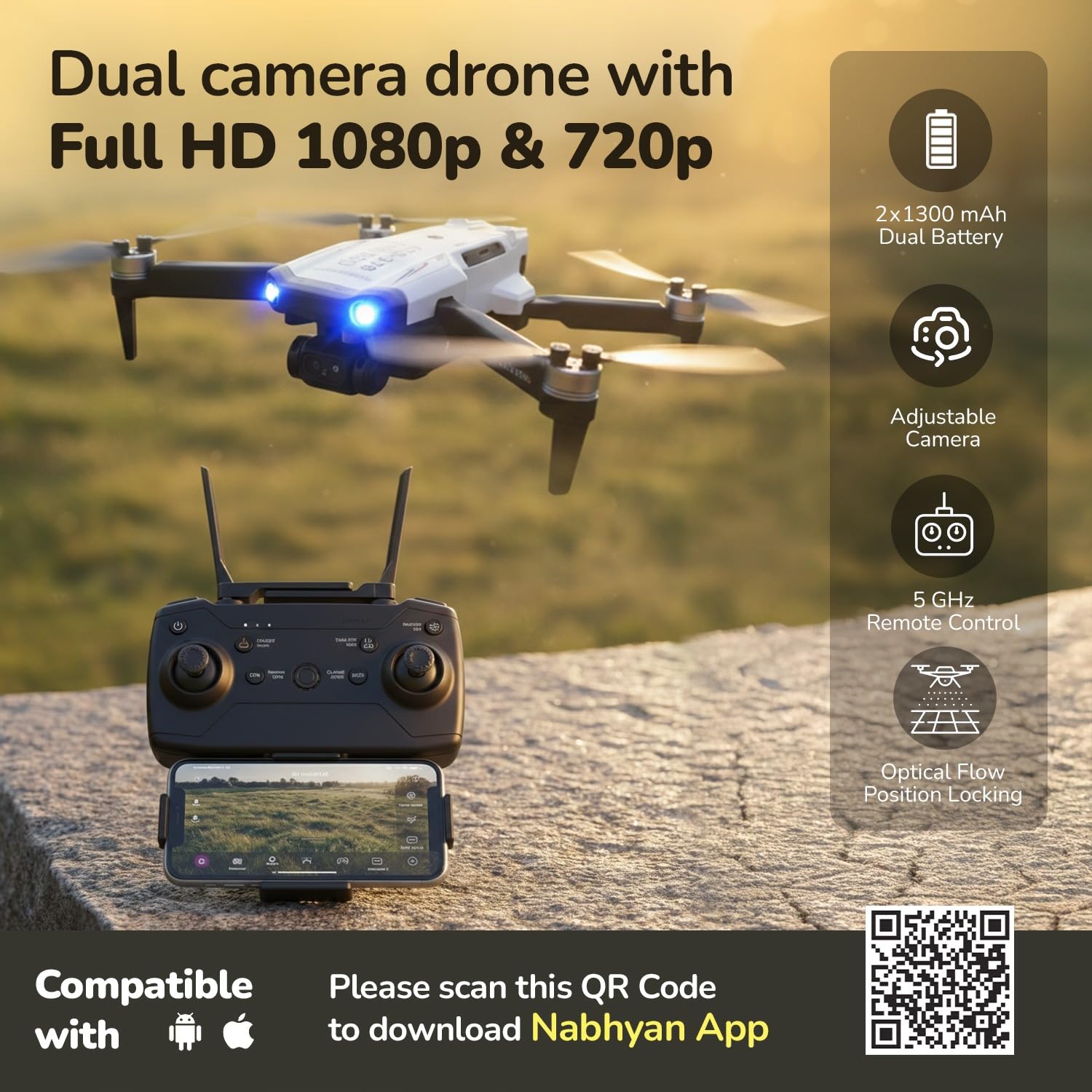 Lifelong Kids Drone with Dual Camera, Altitude Hold, 2x1300mAh (15 Min Each/30 Min Total), 1080P & 720P, Nabhyan App & Remote, 360° Flip, Headless Mode, 8-12 Yrs (LLCDRR01)