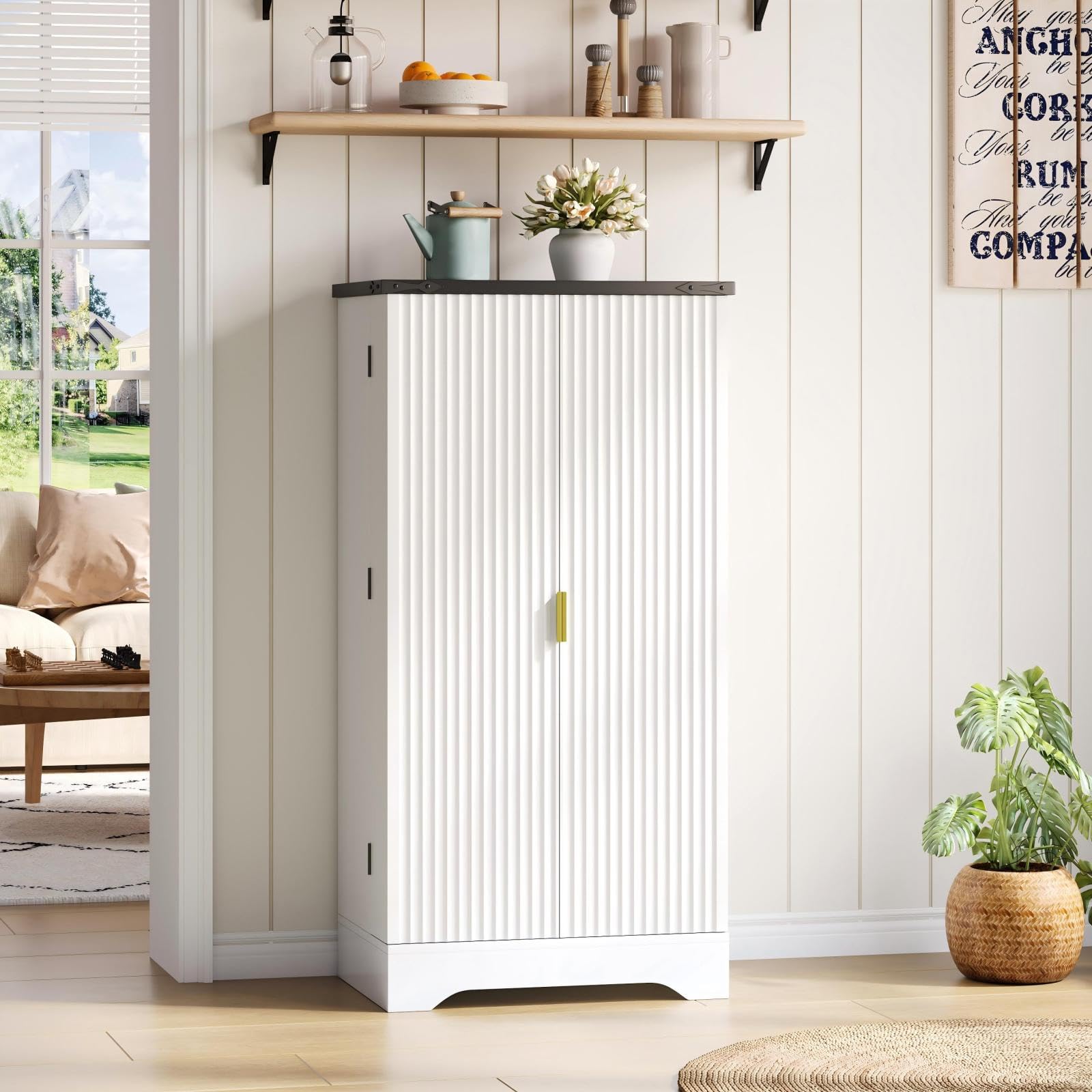 Küchenschrank mit Doppeltür, Haushaltsschrank mit Verstellbare Einlegeböden und Stauraum, Moderner Mehrzweckschrank mit Fächer, für Esszimmer Wohnzimmer, Küche, Streifendesign, Weiß (60.5x40x120cm)