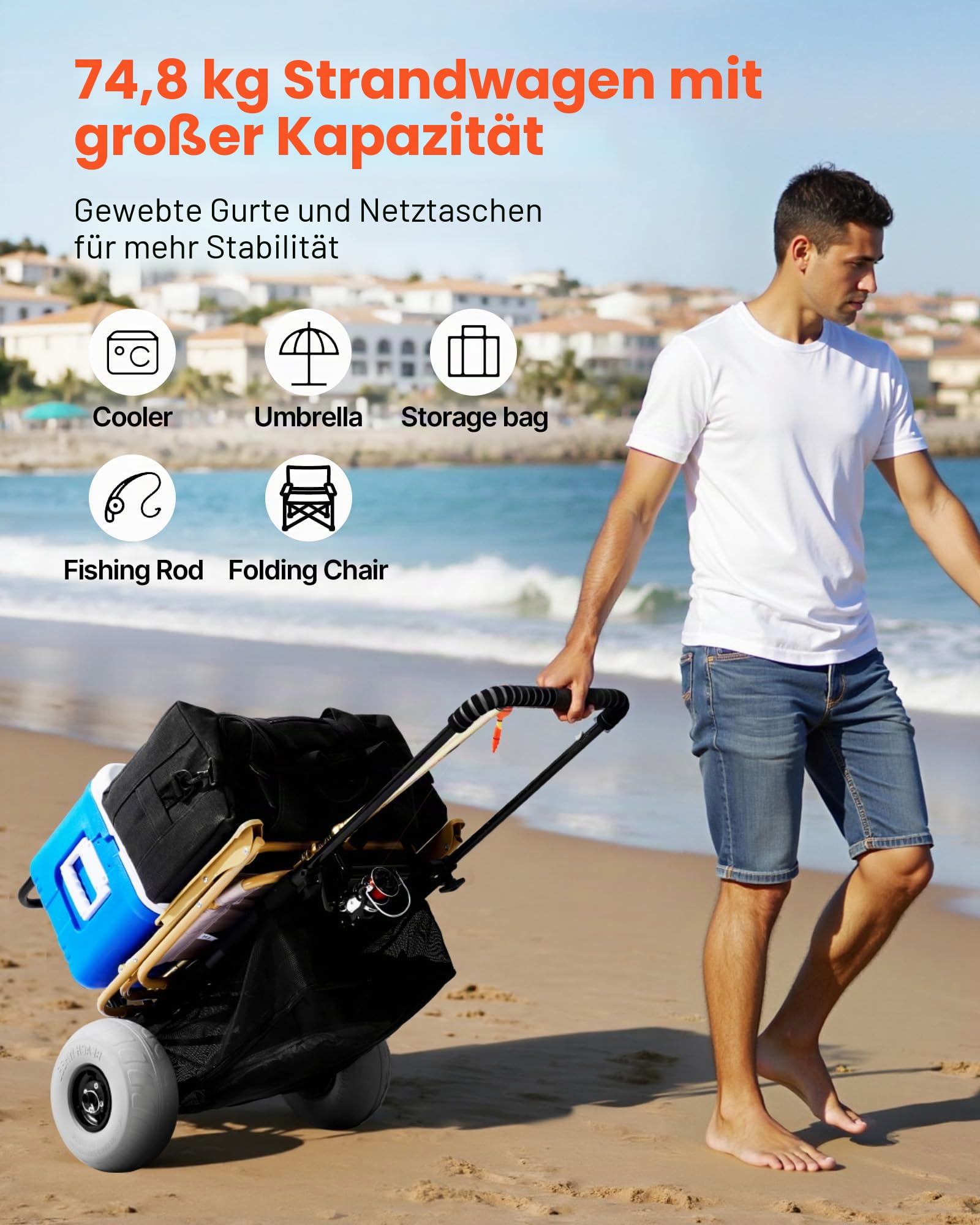 VEVOR Strandwagen Bollerwagen Transportkarre Transportwagen 13 Zoll(33 cm) Strandkarre faltbar 75 kg Tragfähigkeit mit 14 x 14,7 Zoll Ladefläche / 2 TPU-Räder/Handpumpe, Camping Garten Strand
