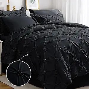JOLLYVOGUE Black Cal King Size Comforter Sets 7 Pieces, Pintuck Bed in a Bag Comforter Set for Bedroom, Bedding Comforter Sets with Comforter, Sheets,Ruffled Shams & Pillowcases