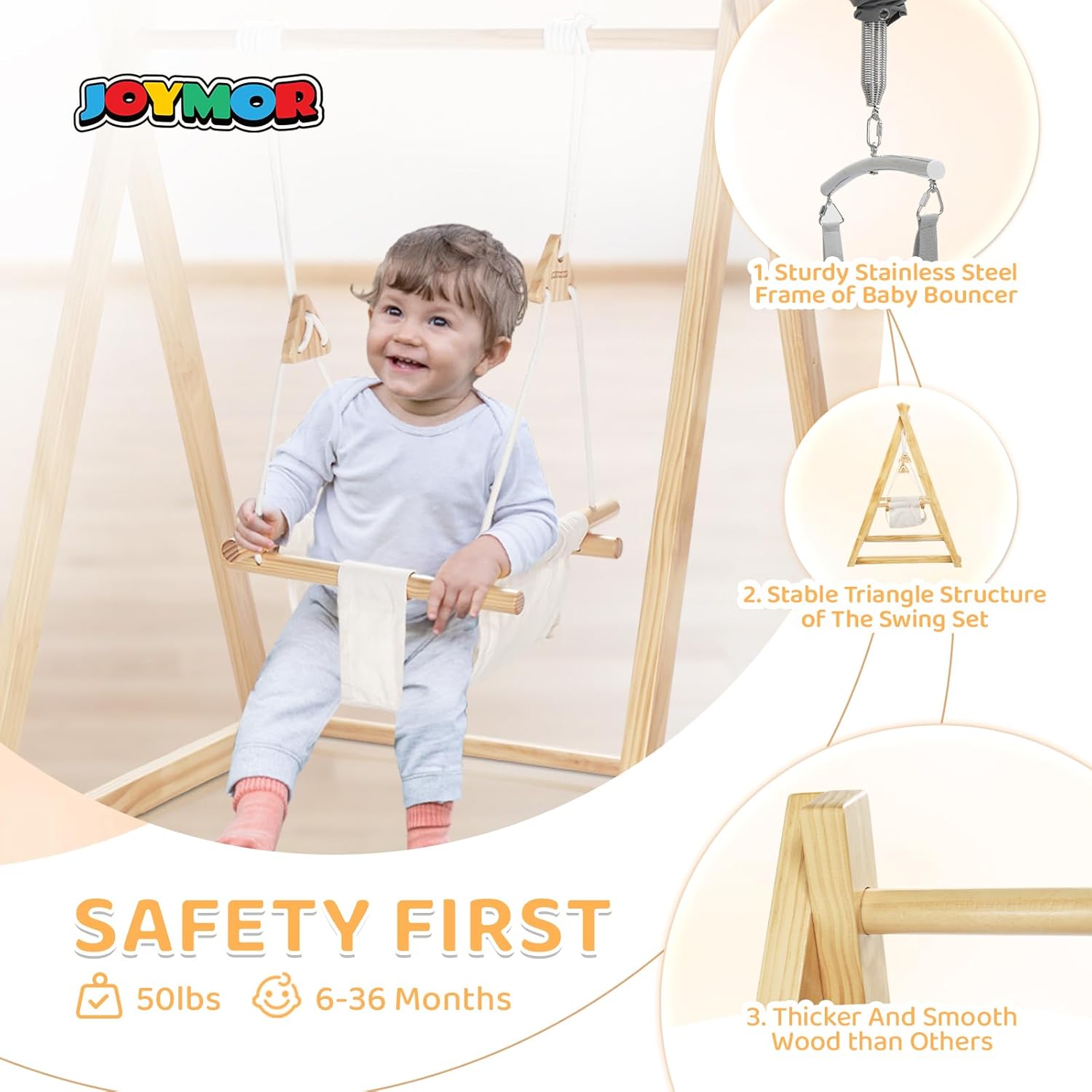 Image showing the JOYMOR baby swing used in two different settings: indoors on a rug and outdoors on a grassy lawn, demonstrating its versatility.