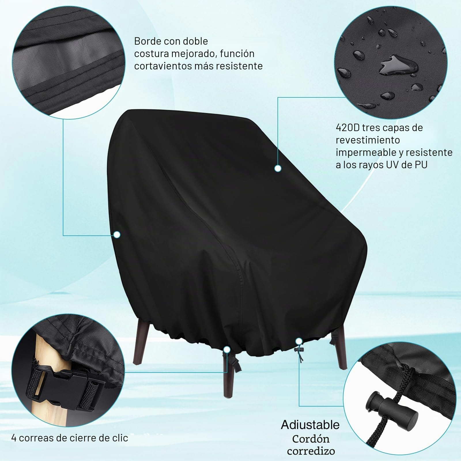 GARPROVM Funda protectora para sillas de jardín, 2 piezas, 89 x 97 x 74 cm, funda para sillón, resistente a la intemperie, tela Oxford, muebles de jardín, lona para sillas de balcón, sillones lounge
