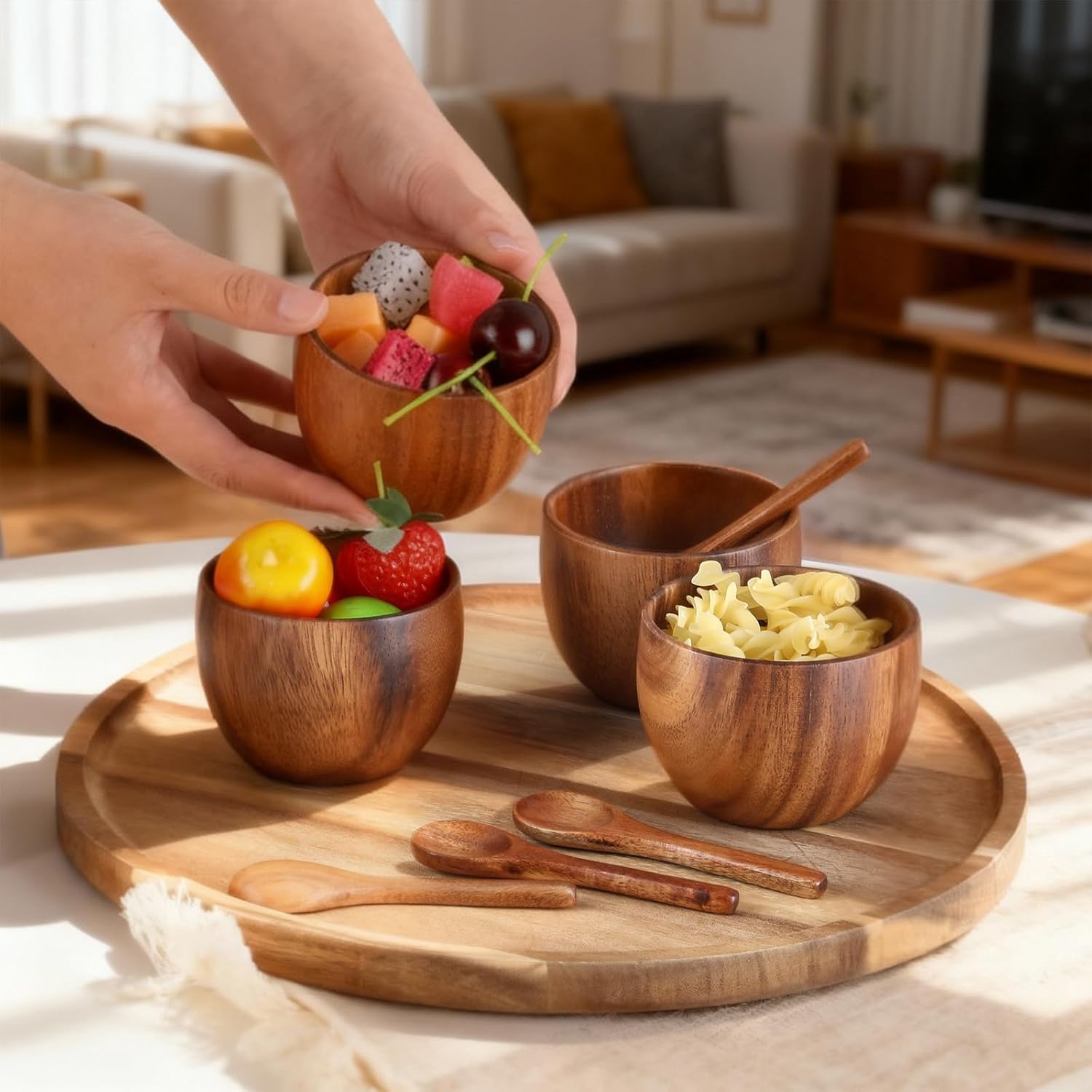 4 Pack Acacia Wooden Bowl with 4 Pcs Spoon Wooden Dipping Bowls Round Wood Salad Hand Carved Calabash Dip Tray for Condiments, Jam, Nuts, Appetizer, Snack, Yogurt, Ketchup, Barbecue Sauce(3 Inch)