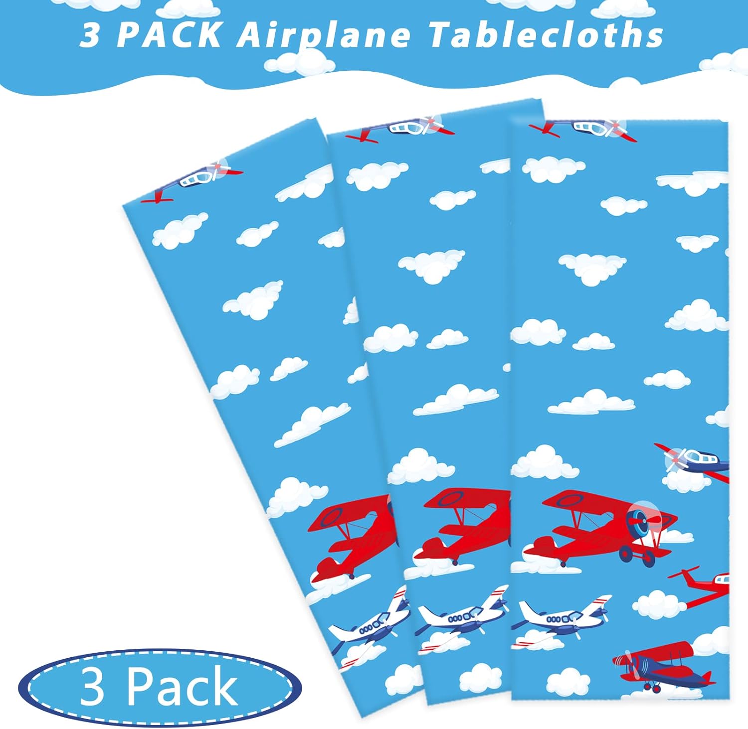 Wiooffen 3pcs Airplane Party Tablecloth Supplies Plane Plastic Table Cloth Helicopter Blue Sky Theme Table Cover Favors Disposable Tablecloths Birthday Decorations for Kids, 54” x 108” - Image 4