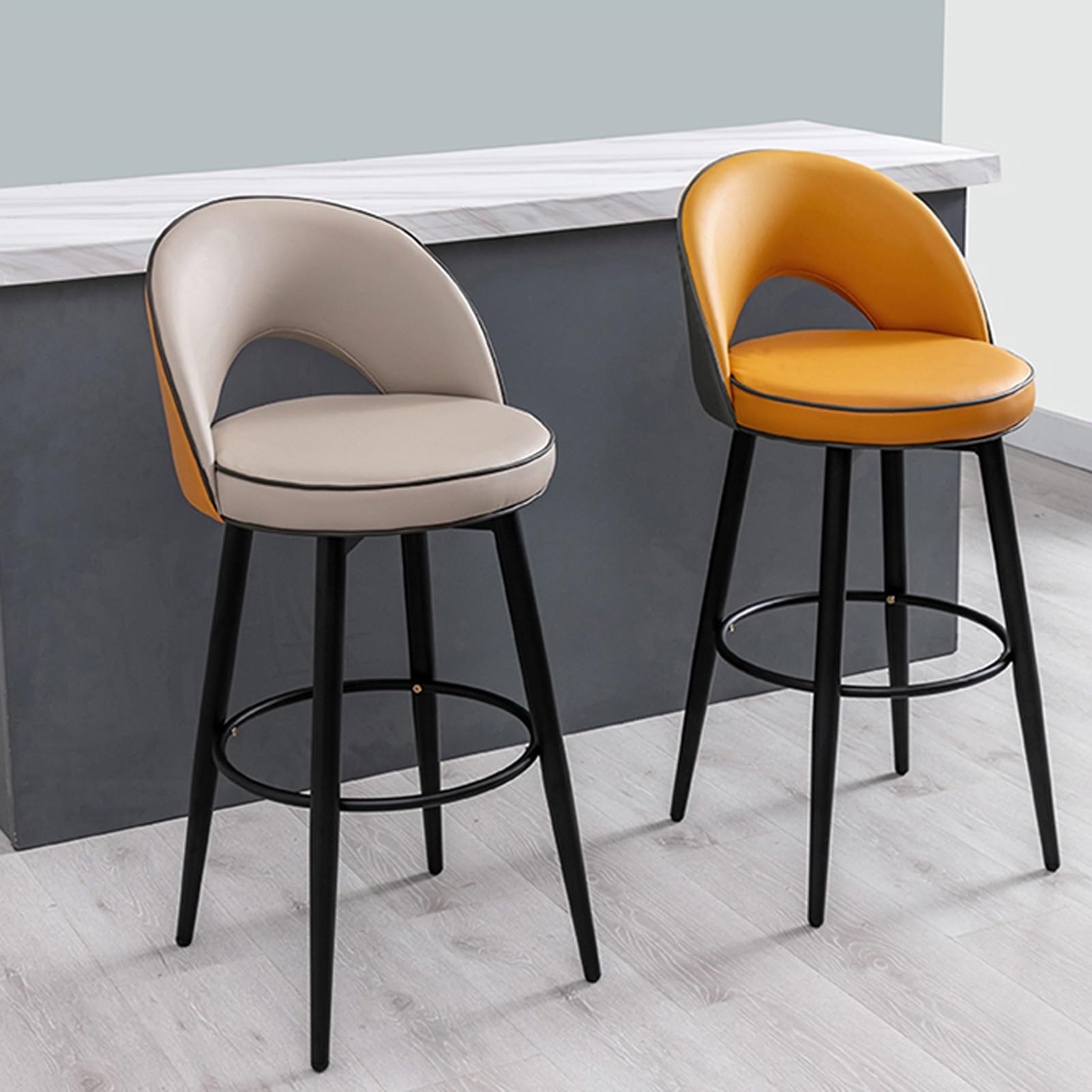 LUUYYI Moderner Barhocker aus Leder, drehbar, mit Stahlbeinen, für Küchentheke und Restaurant, gepolsterte Küchenstühle mit Stangenhöhe in Farbe (Grau / Orange, 80 cm)