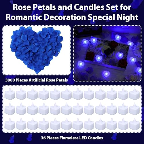Miniatura 10 de Flasoo Juego de pétalos de rosa y velas para decoración romántica, 3000 pétalos de rosa roja y 36 velas de corazón para noches especiales, bodas,