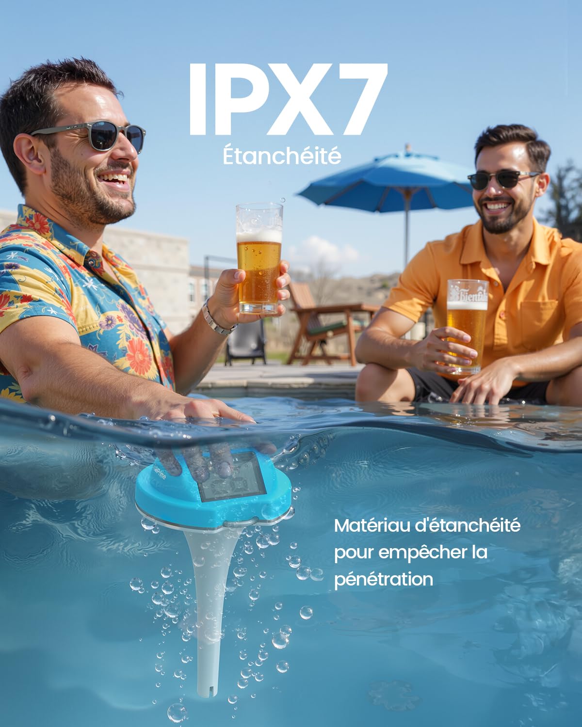 Thermometre Piscine à Double Écran, Lecture Facile, Thermomètre Piscine Flottant avec Affichage Numérique, Étanche IPX7 pour Spas, Bains Froids et Piscines (bleu)