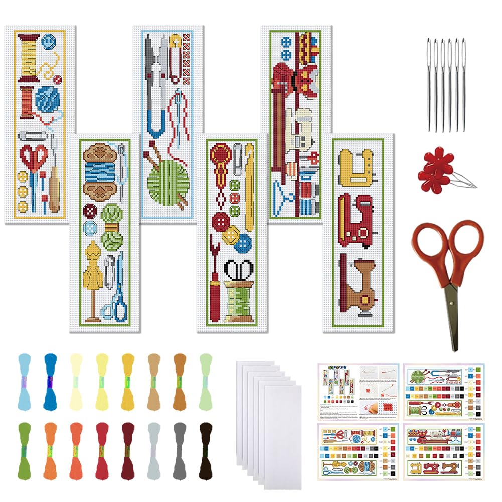 FREEBLOSS 6 Set Cross Stitch Bookmark Kit Stamped Cross Stitch Kit Sewing Theme Stamped Embroidery Bookmark with Instruction Cross Stitch Kits for Adults DIY Bookmark Kit 8.66''x3.15''