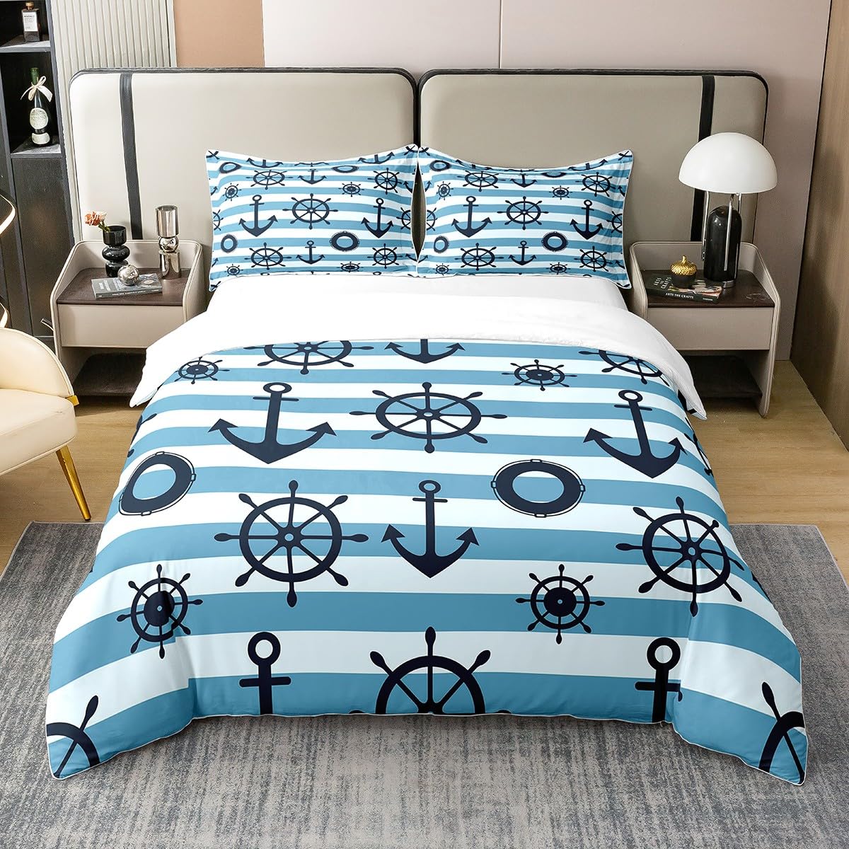 100% Cotton Nautical Anchor Comforter Cover Single,Navy Blue White Stripes Duvet Cover for Kids Boys,Geometric Striped Quilt Cover,Coastal Bedding Compass Rudder Bedspread Cover with 1 Pillow Case