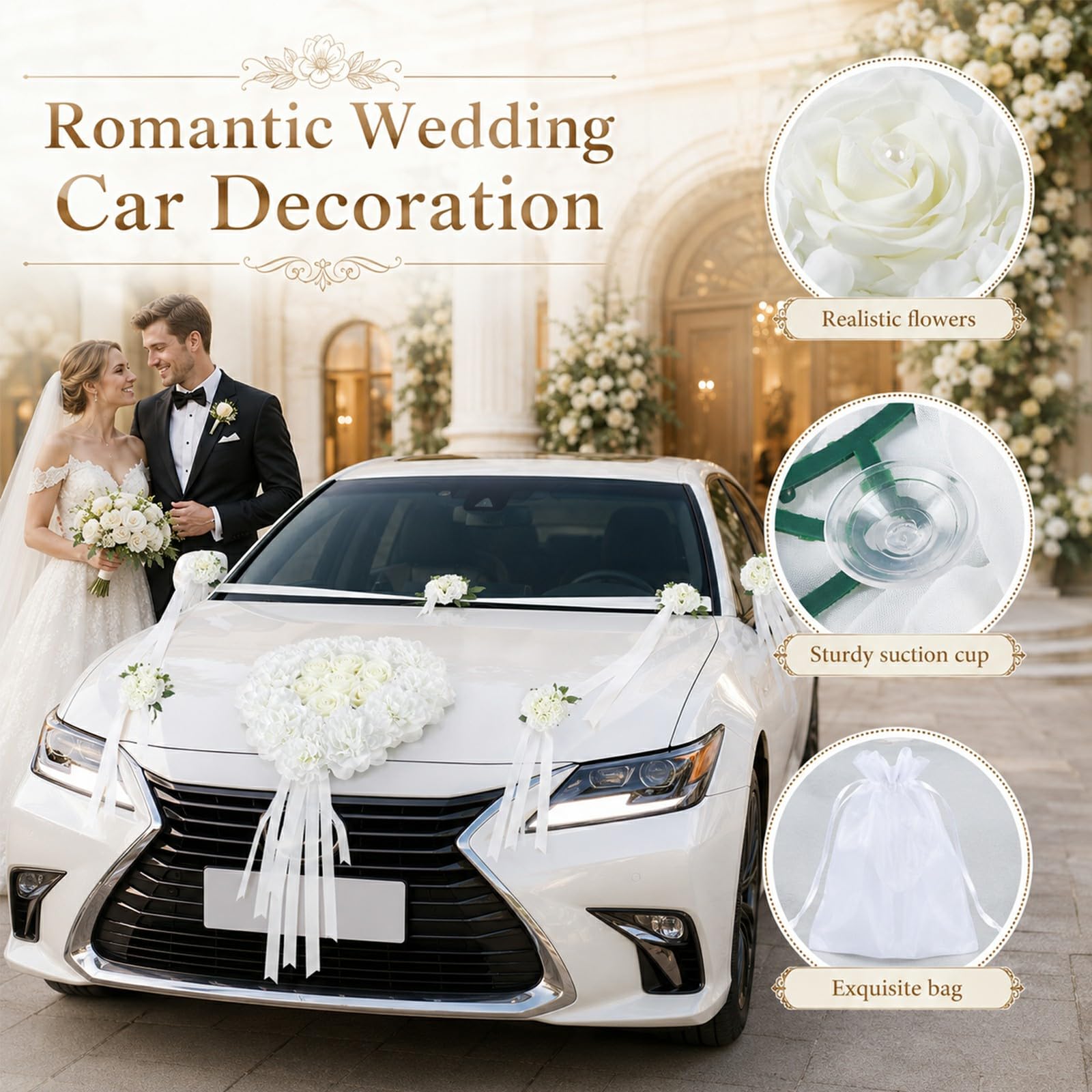 Autoschmuck Hochzeit Motorhaube, Weiß Auto Motorhaube Hochzeitsschmuck Set | Weiß Rosendekoration mit 35 cm Hauptblume, acht 9 cm Blumen mit Saugnäpfen, Tüll für Just Married, Wedding Ceremony