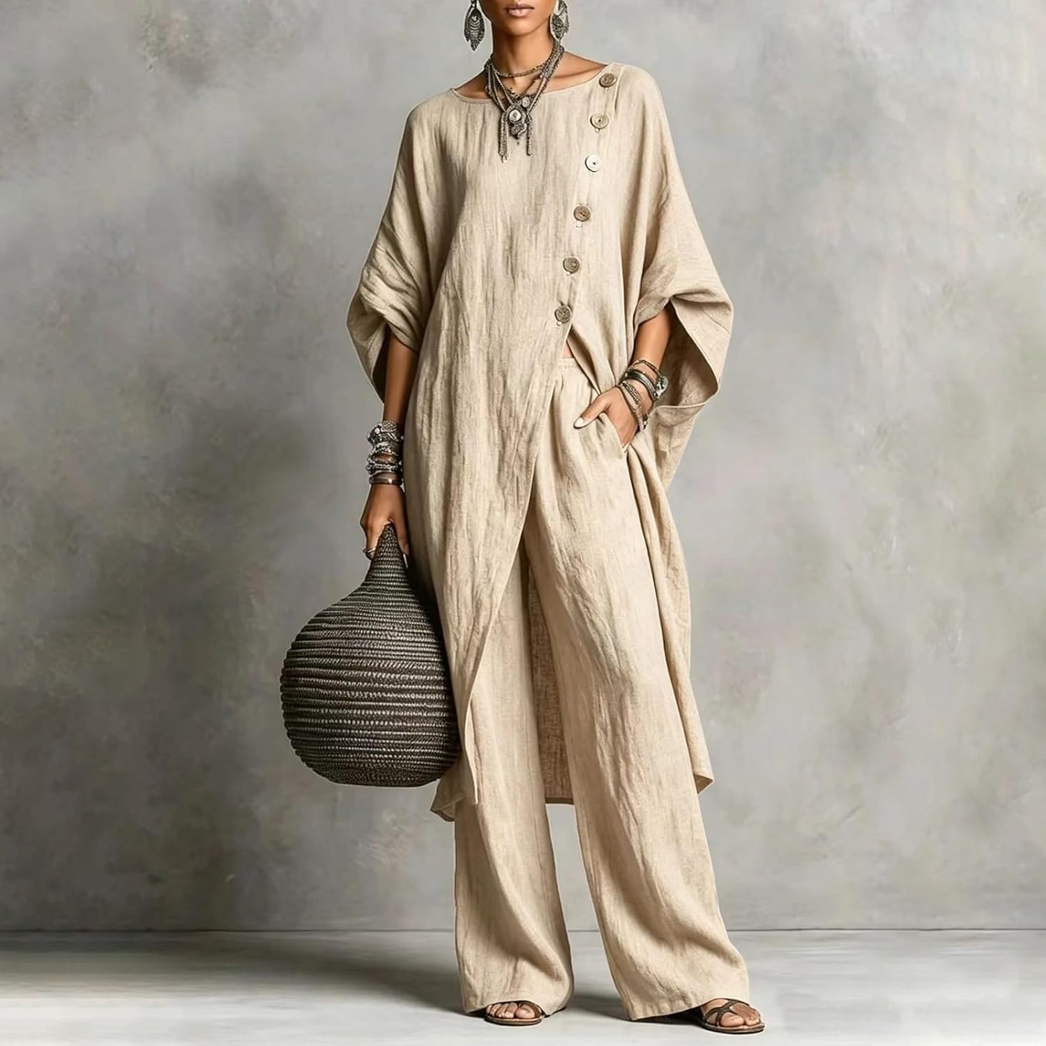 Two Piece Linen Sets for Women 3/4 Sleeve Button Down Top Matching Wide Leg Pants Summer Beach Lounge Set