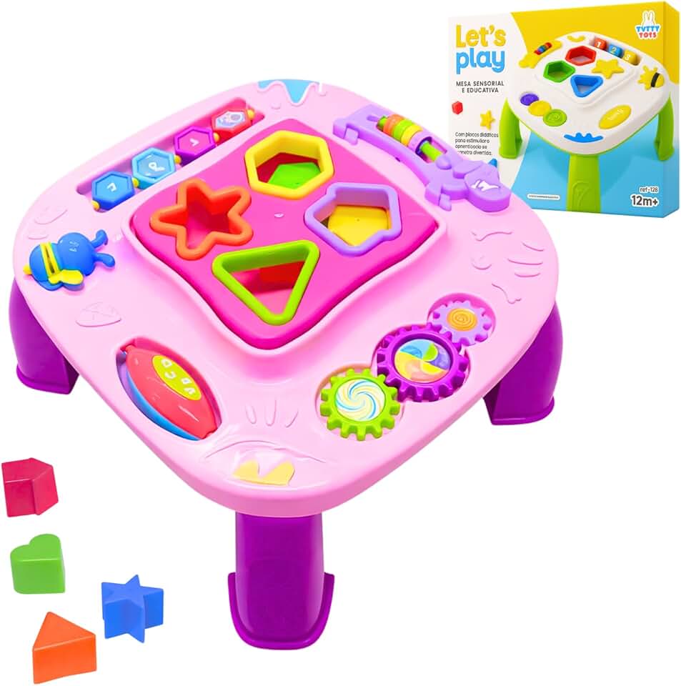 Mesa Mesinha Infantil Didática Divertida Brinquedo Sensorial Atividades Interativas Formas Encaixar (Rosa)