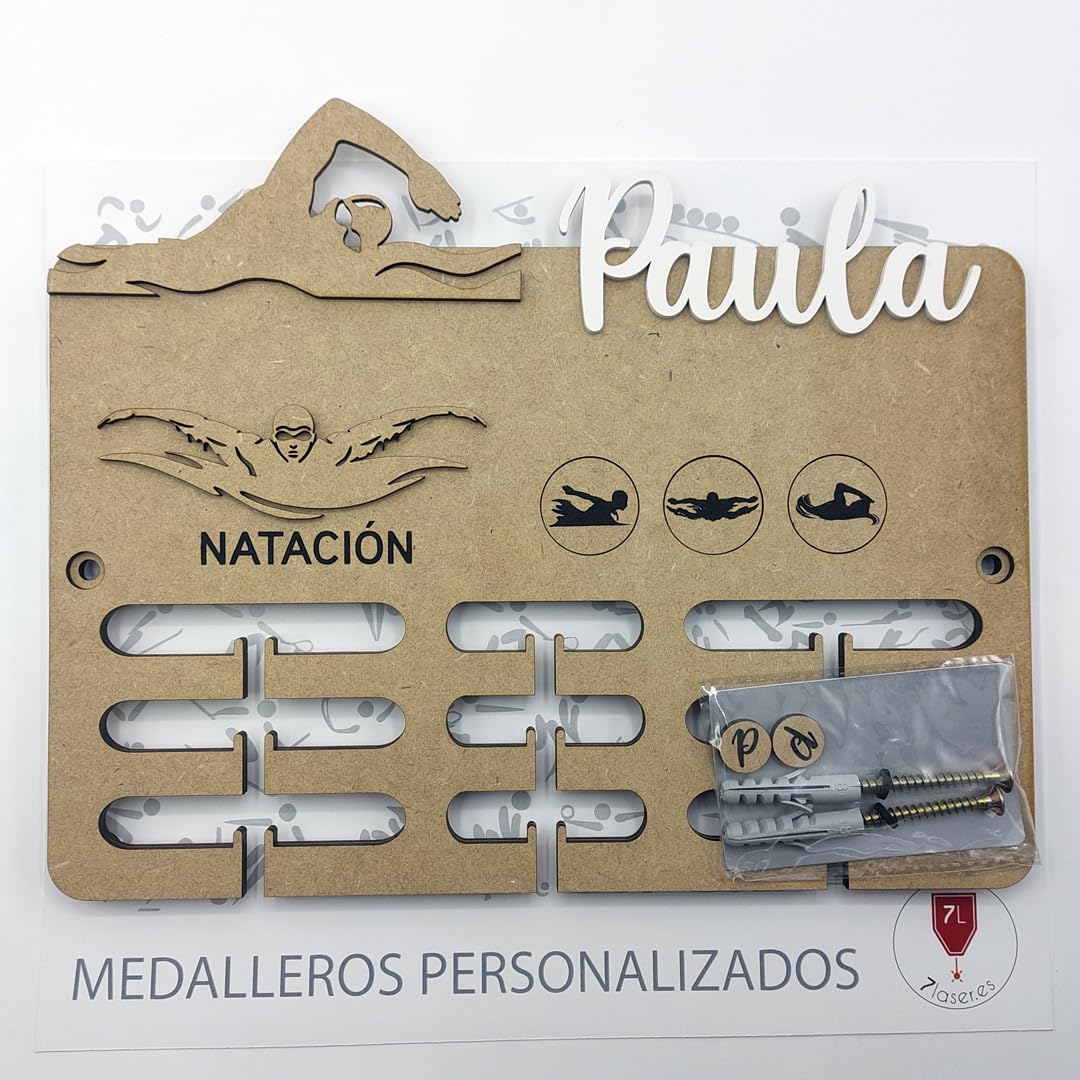 Medallero NATACIÓN de Madera, Personalizado con Nombre y Deporte, Colgador de medallas. Soporte Organizador cuelga medallas Deportivas, Regalos para Deportistas